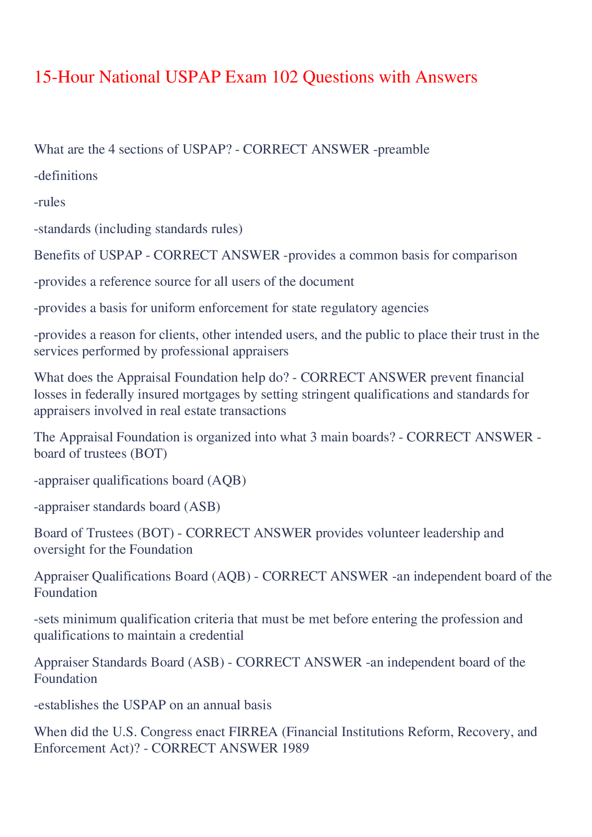 Preview of 15-Hour National USPAP Exam 102 Questions with Answers,100% CORRECT