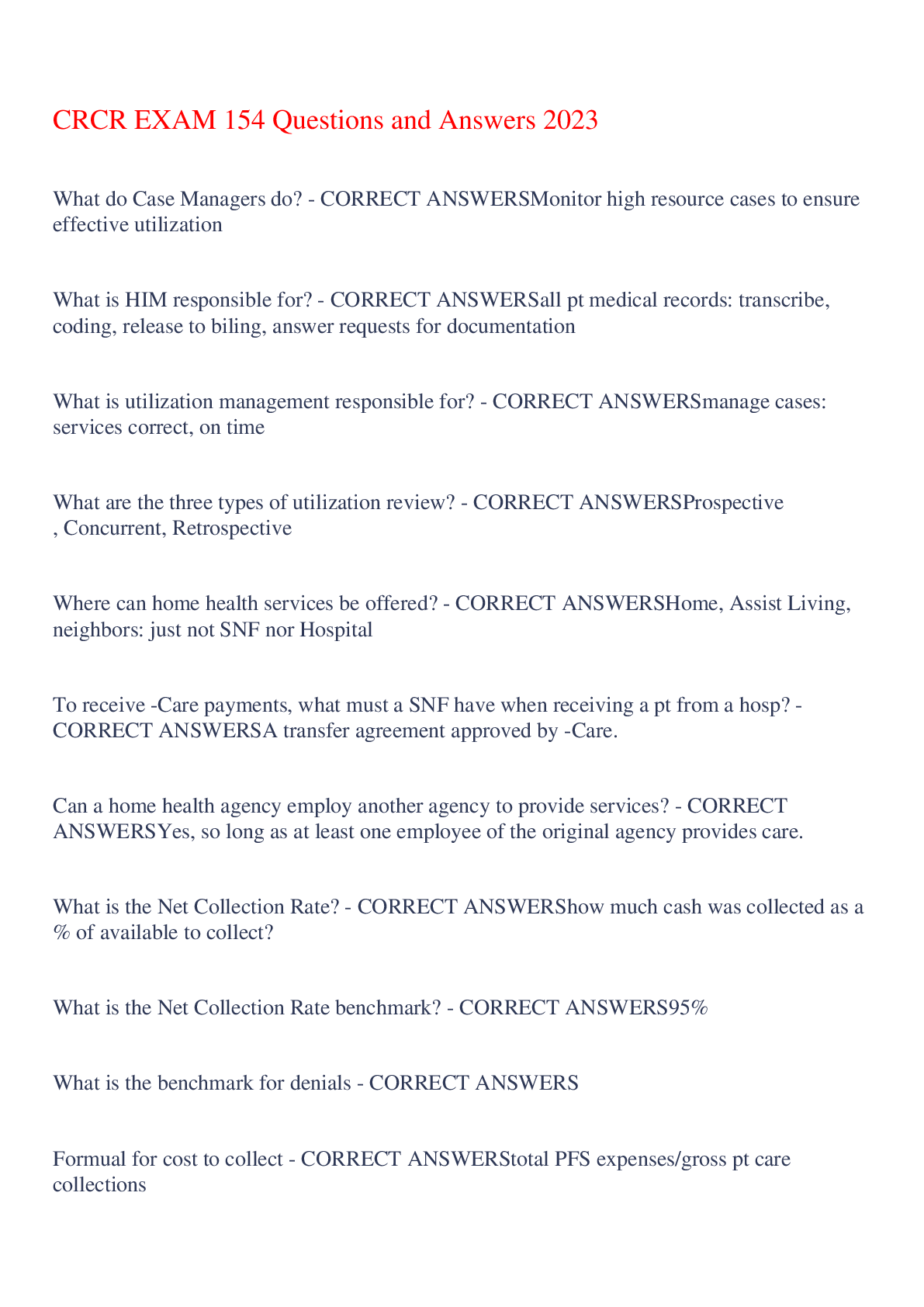 Preview of CRCR EXAM 154 Questions and Answers 2023,100% CORRECT