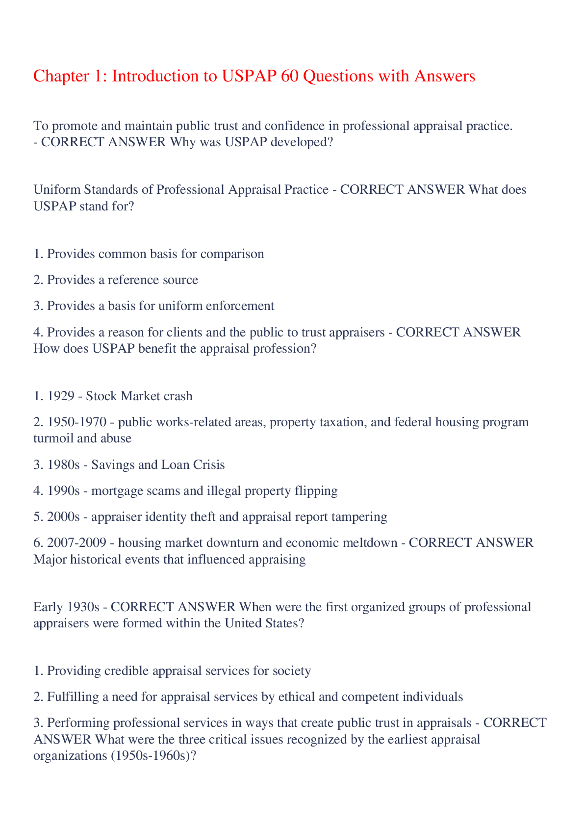 Preview of Chapter 1: Introduction to USPAP 60 Questions with Answers,100% CORRECT