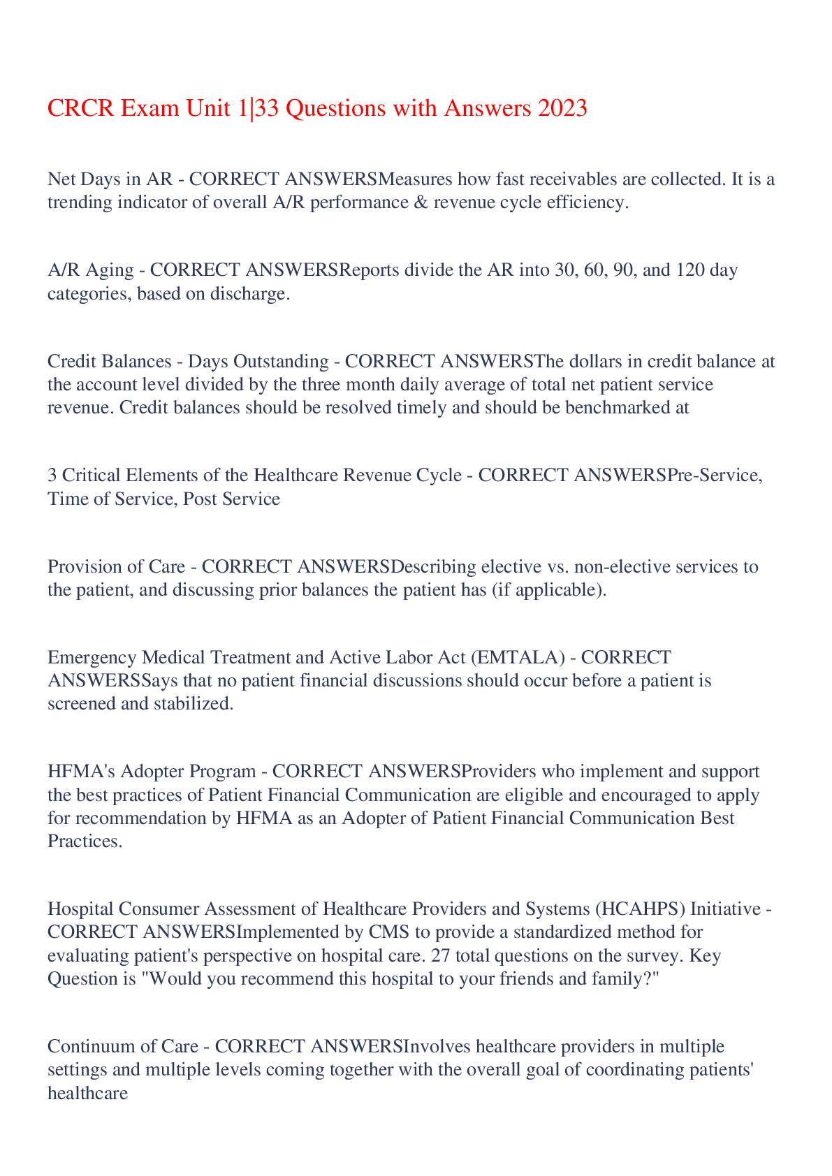 Preview of CRCR Exam Unit 1|33 Questions with Answers 2023,100% CORRECT