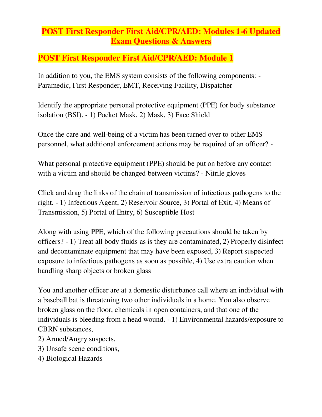Preview of POST First Responder First Aid/CPR/AED: Modules 1-6 Updated Exam Questions & Answers