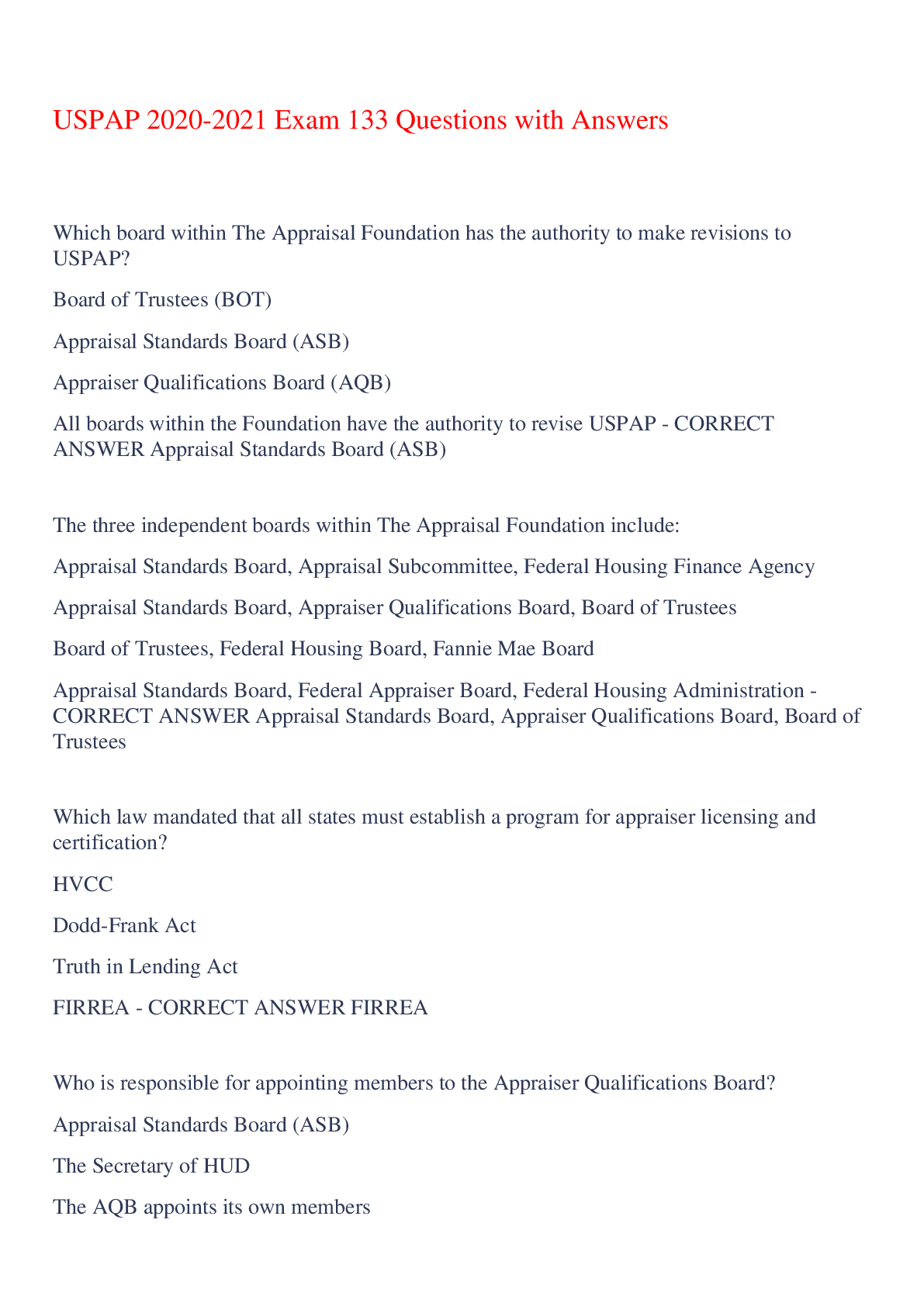Preview of USPAP 2020-2021 Exam 133 Questions with Answers