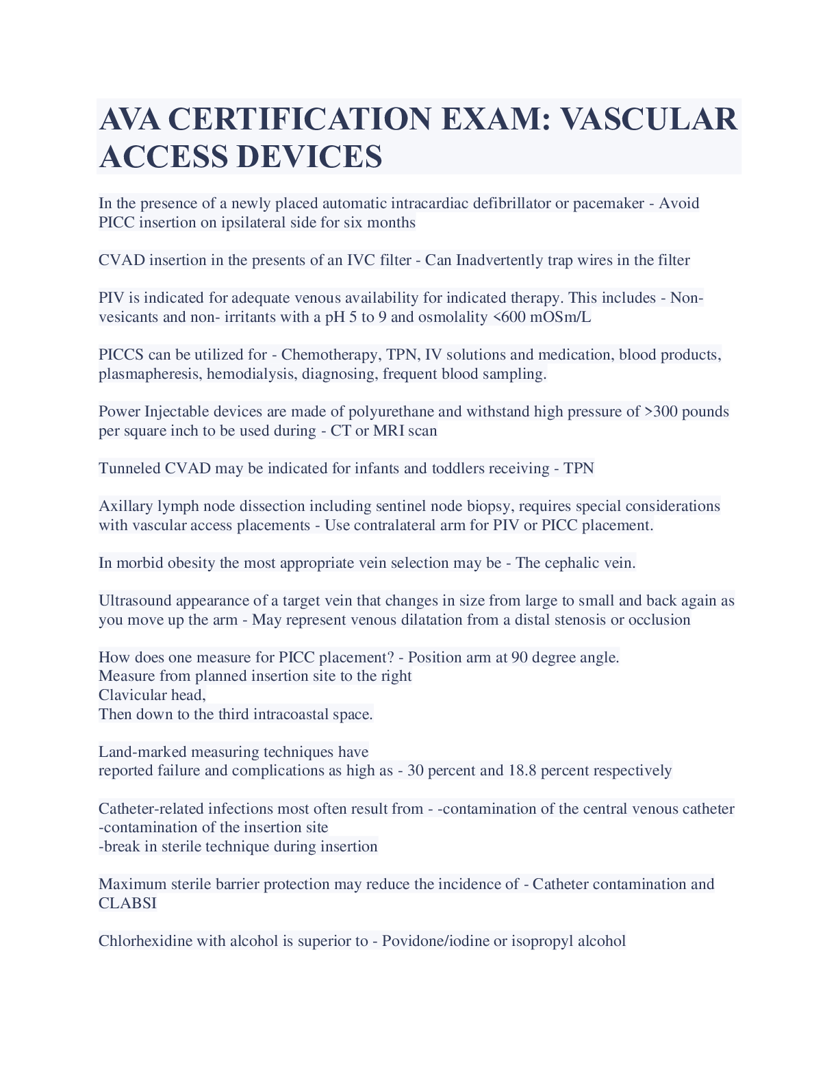 AVA CERTIFICATION EXAM VASCULAR ACCESS DEVICES 2023 Browsegrades