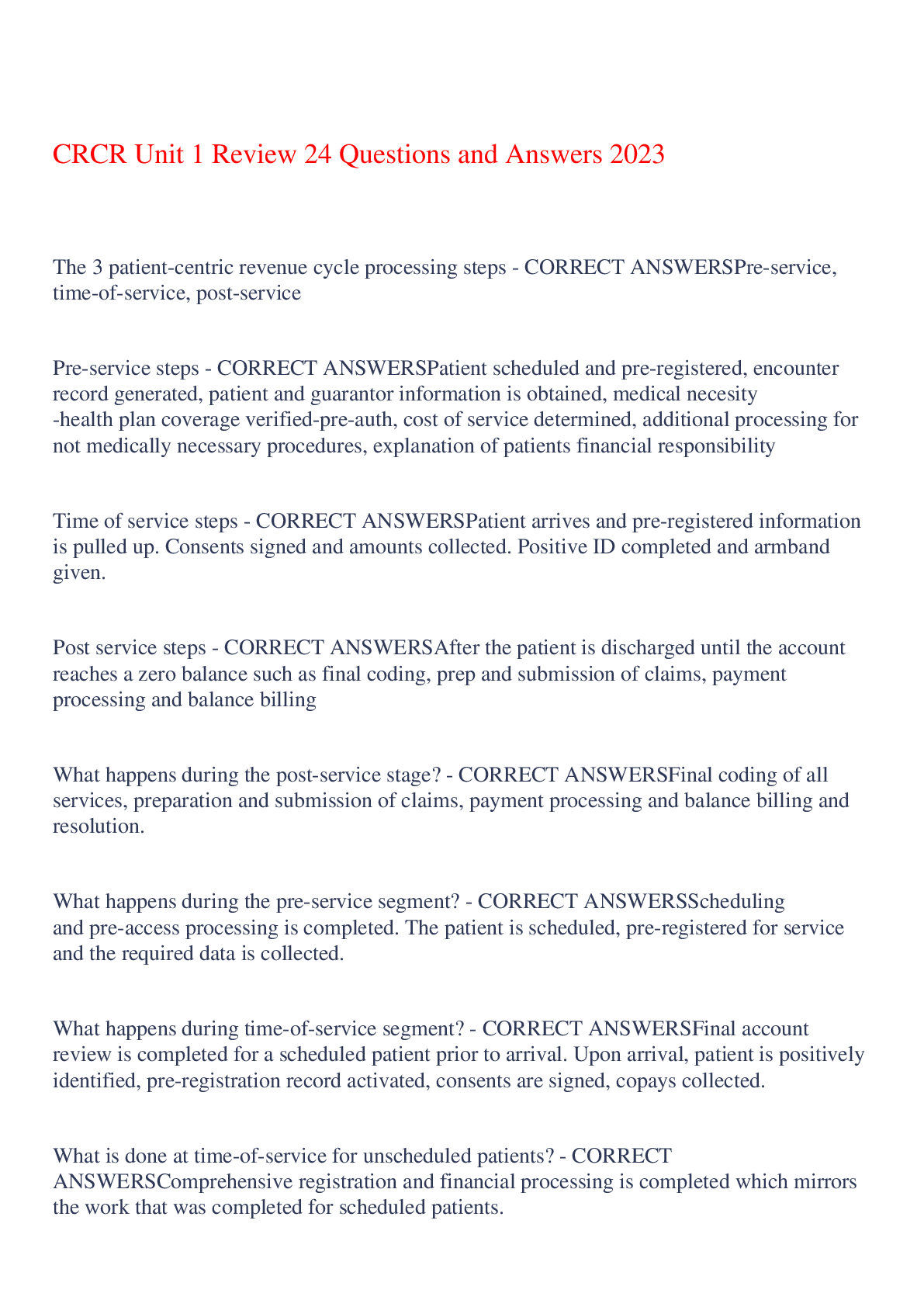 Preview of CRCR Unit 1 Review 24 Questions and Answers 2023,100% CORRECT