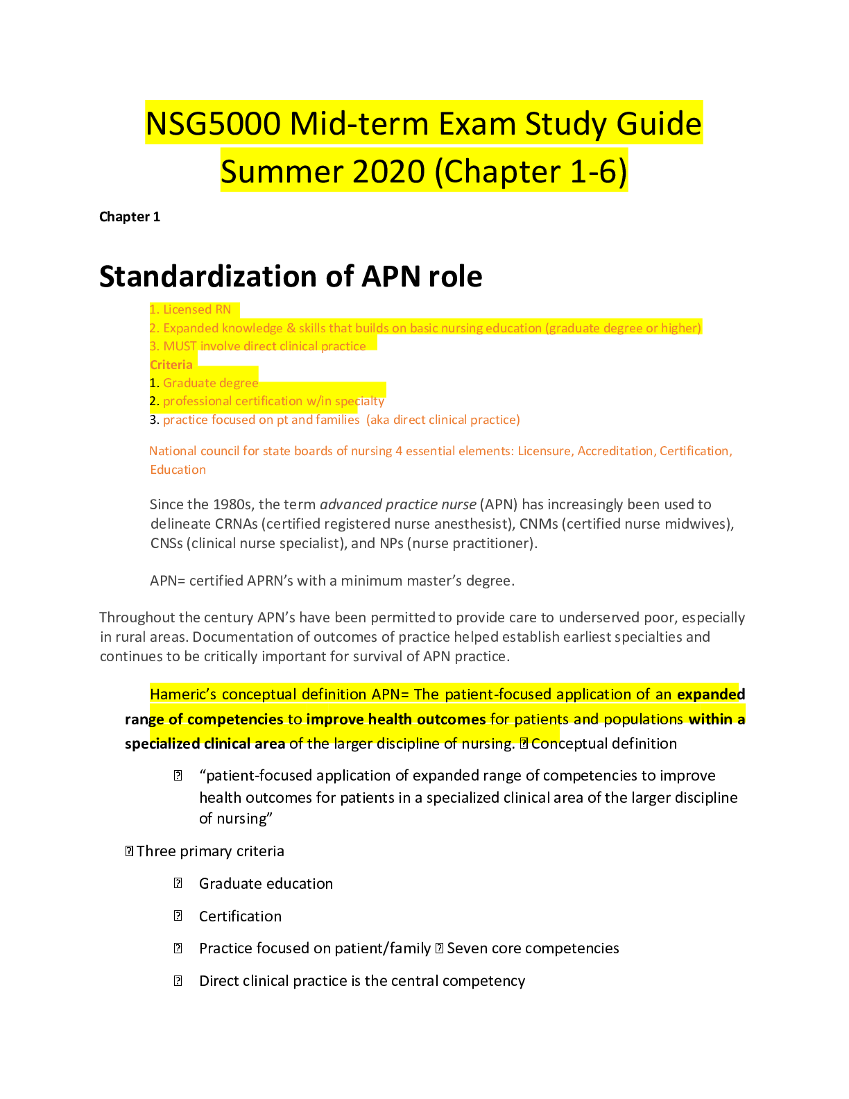 Preview of NSG5000 Mid-term Exam Study Guide Summer 2020 (Chapter 1-6)