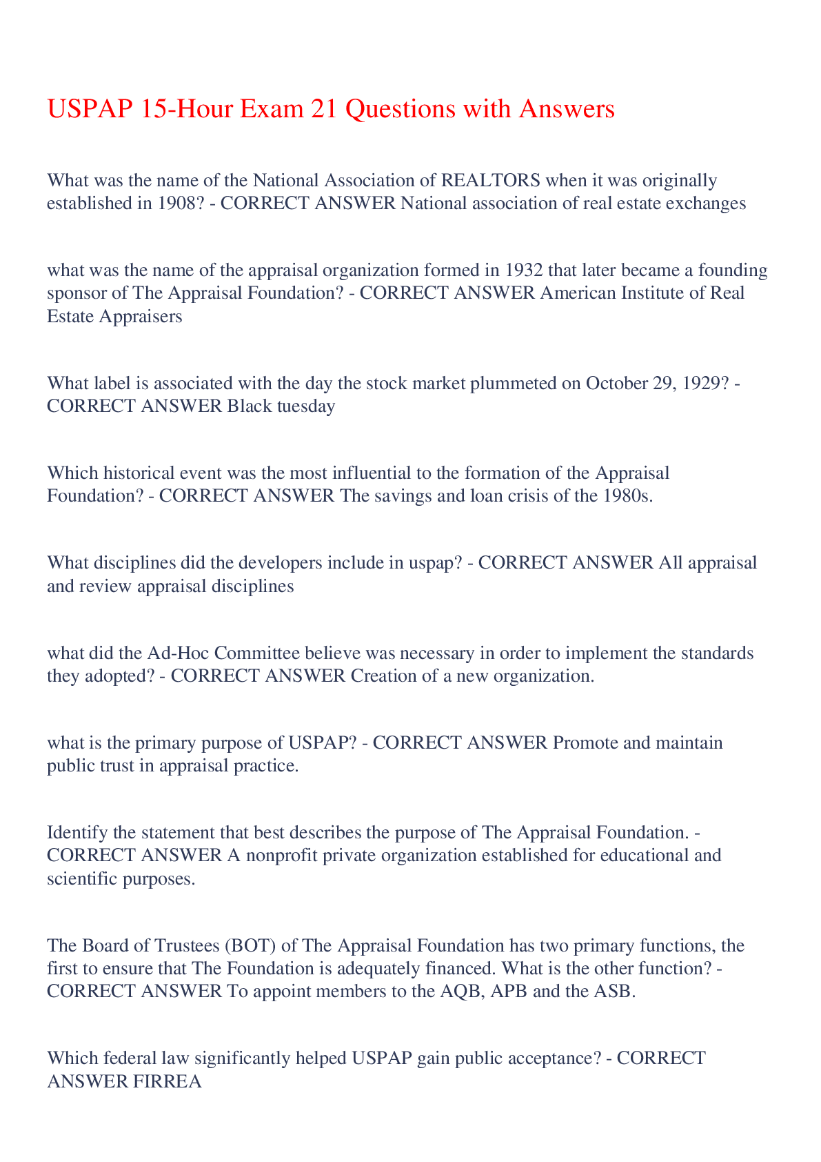 Preview of USPAP 15-Hour Exam 21 Questions with Answers,100% CORRECT
