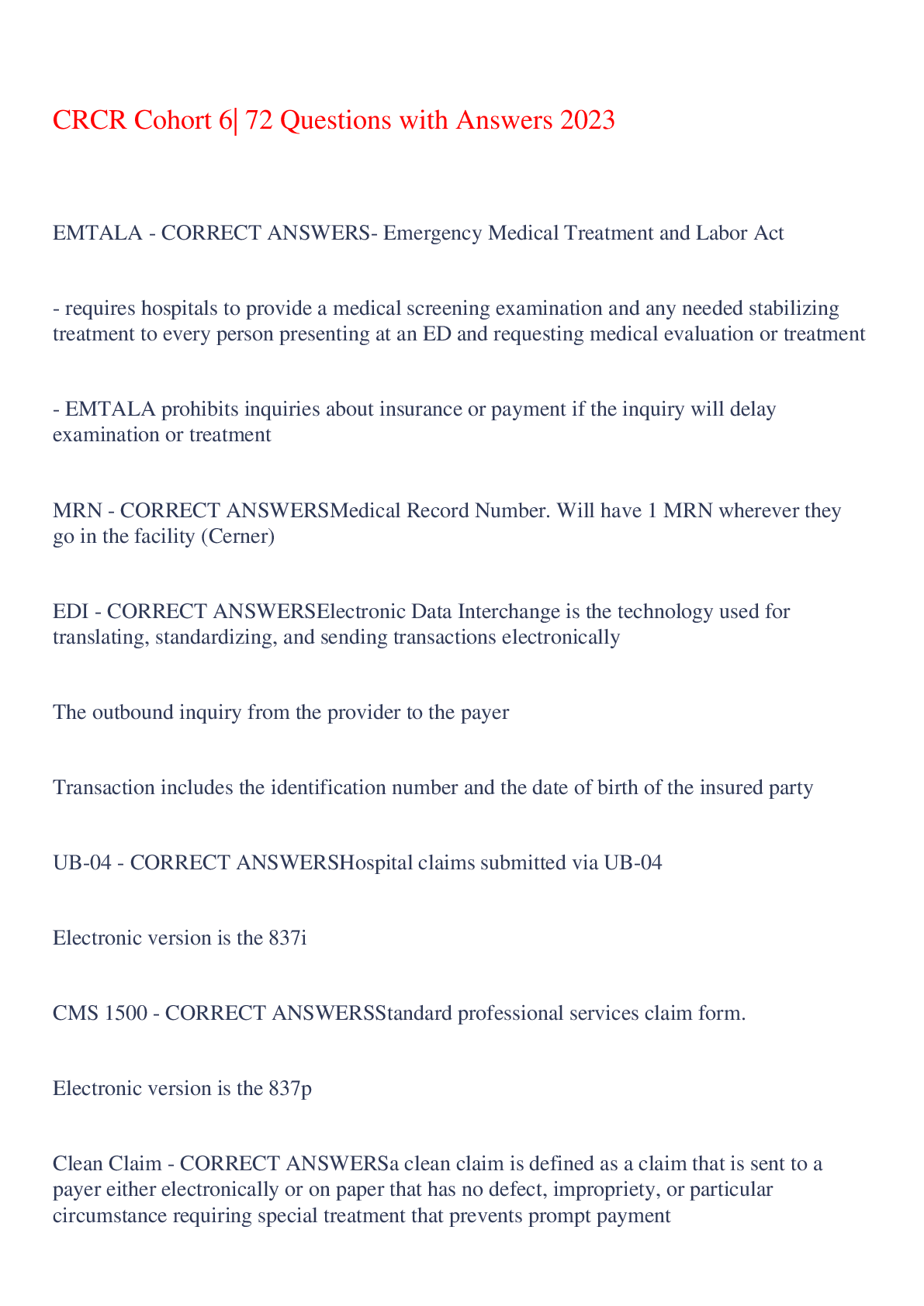 Preview of CRCR Cohort 6| 72 Questions with Answers 2023,100% CORRECT