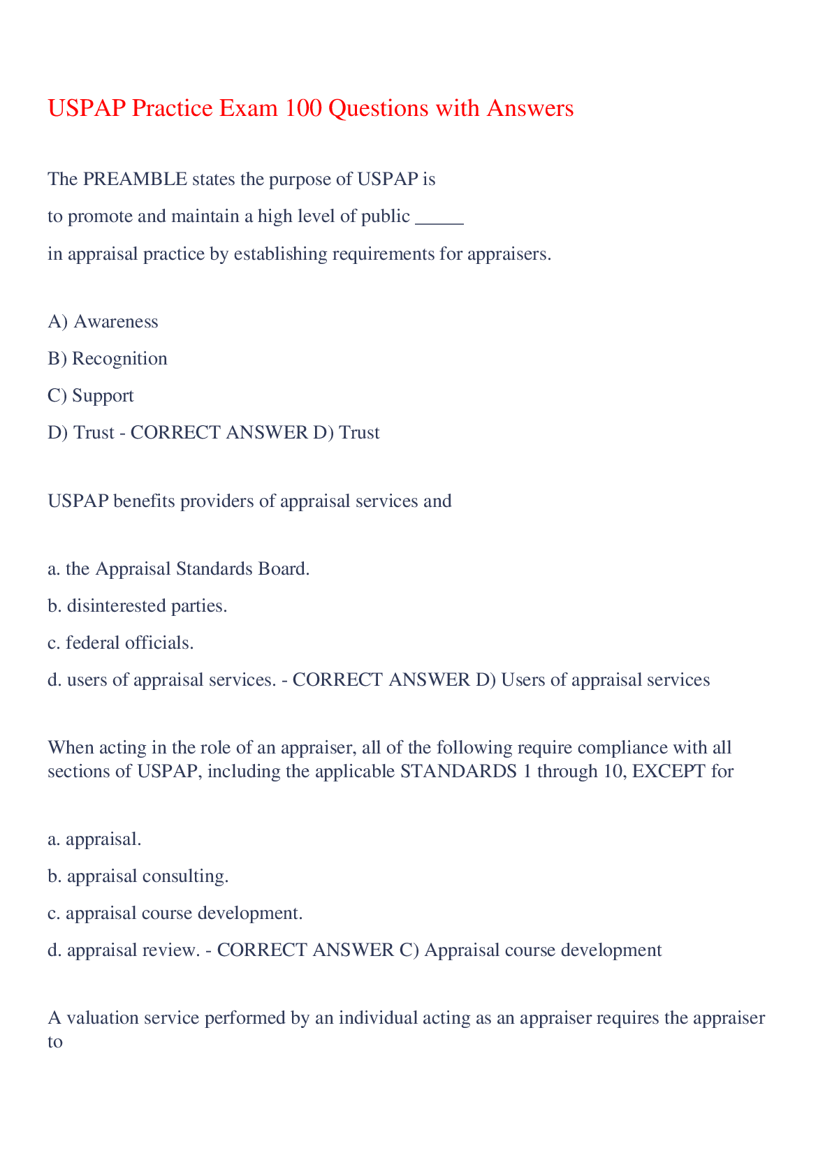 Preview of USPAP Practice Exam 100 Questions with Answers,100% CORRECT