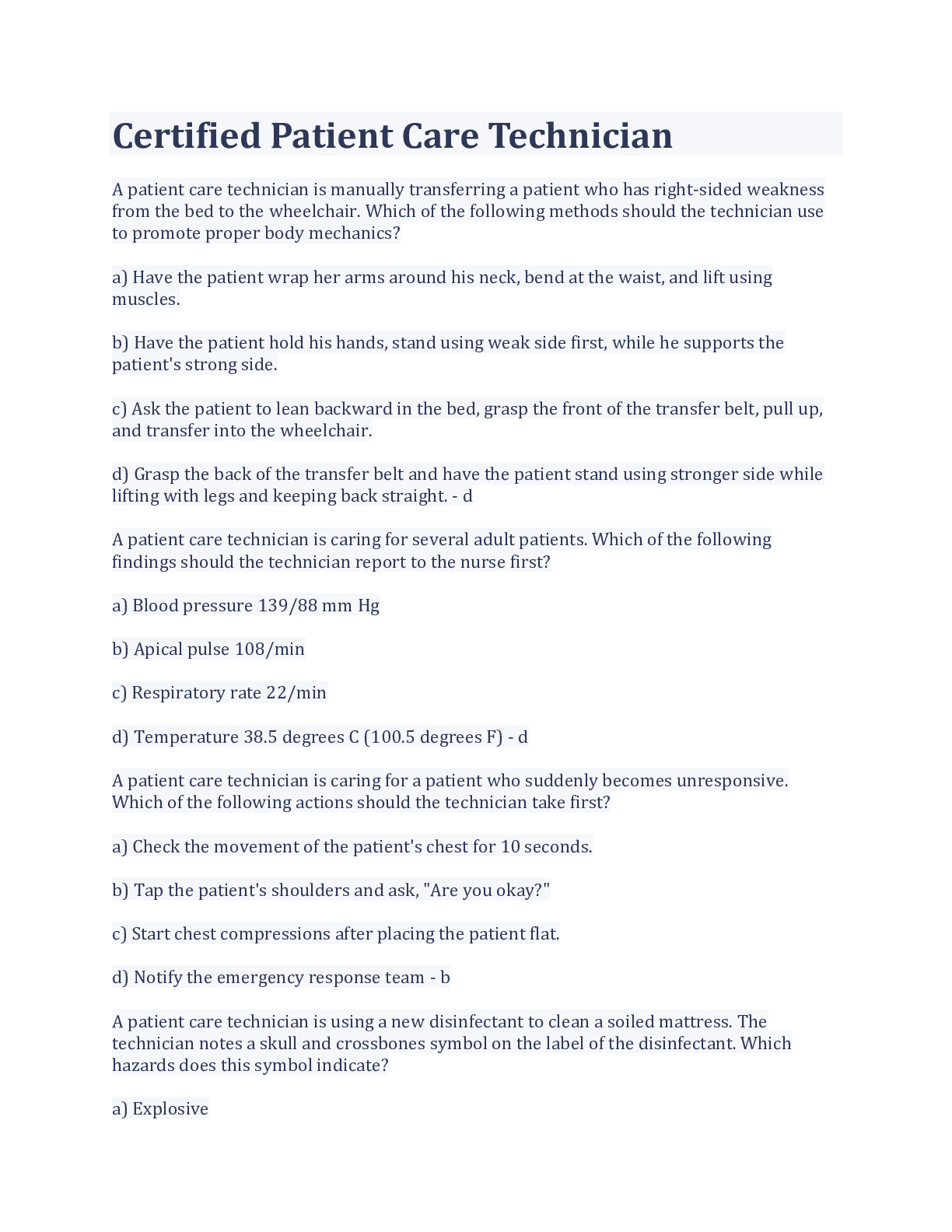 Preview of Certified Patient Care Technician Q&A With Complete Solution