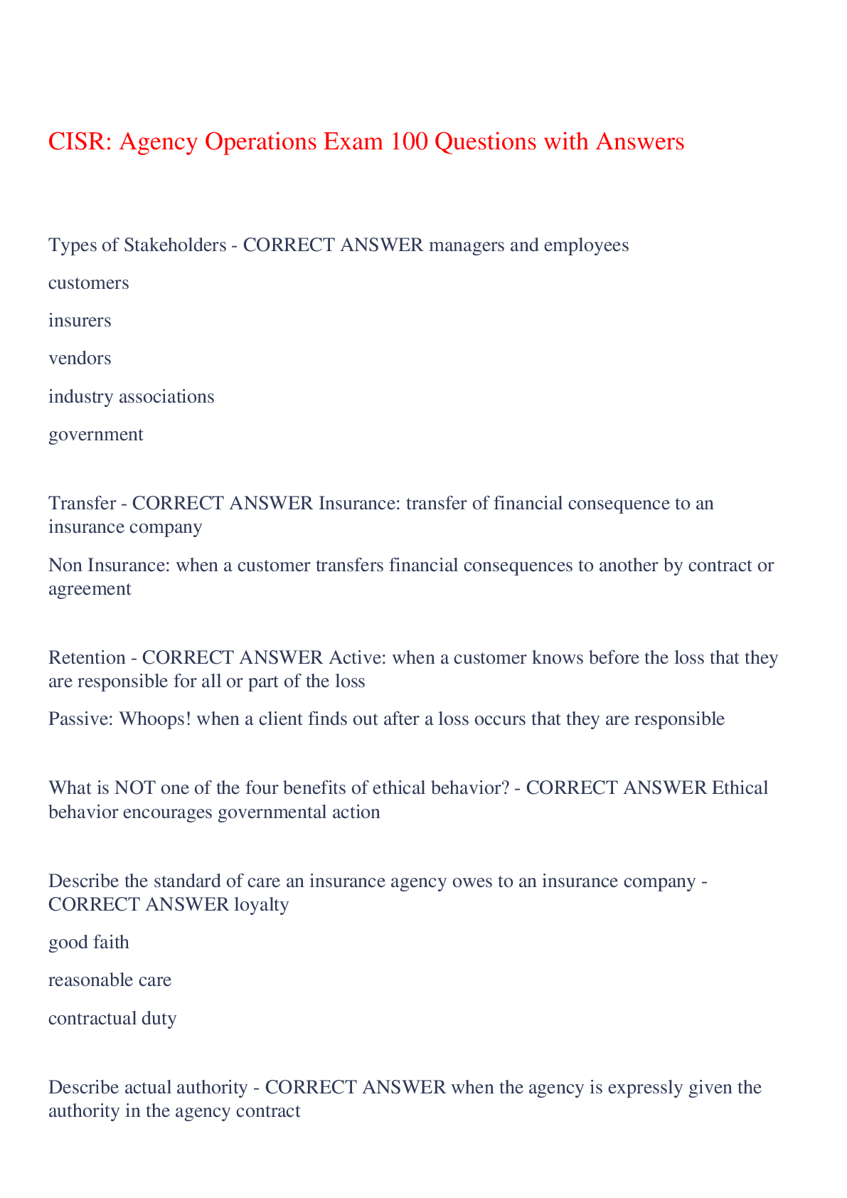 Preview of CISR: Agency Operations Exam 100 Questions with Answers,100% CORRECT