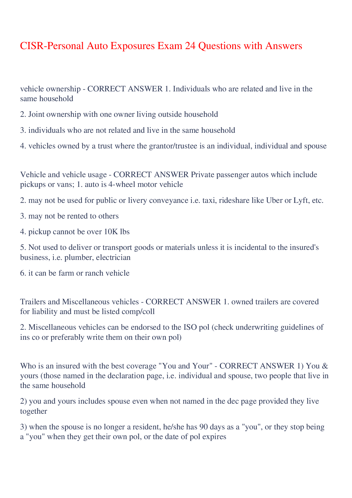 Preview of CISR-Personal Auto Exposures Exam 24 Questions with Answers,100% CORRECT