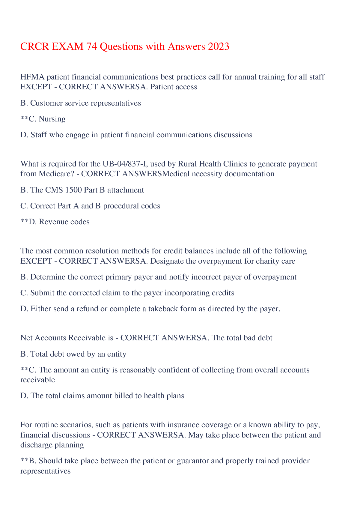 Preview of CRCR EXAM 74 Questions with Answers 2023,100% CORRECT