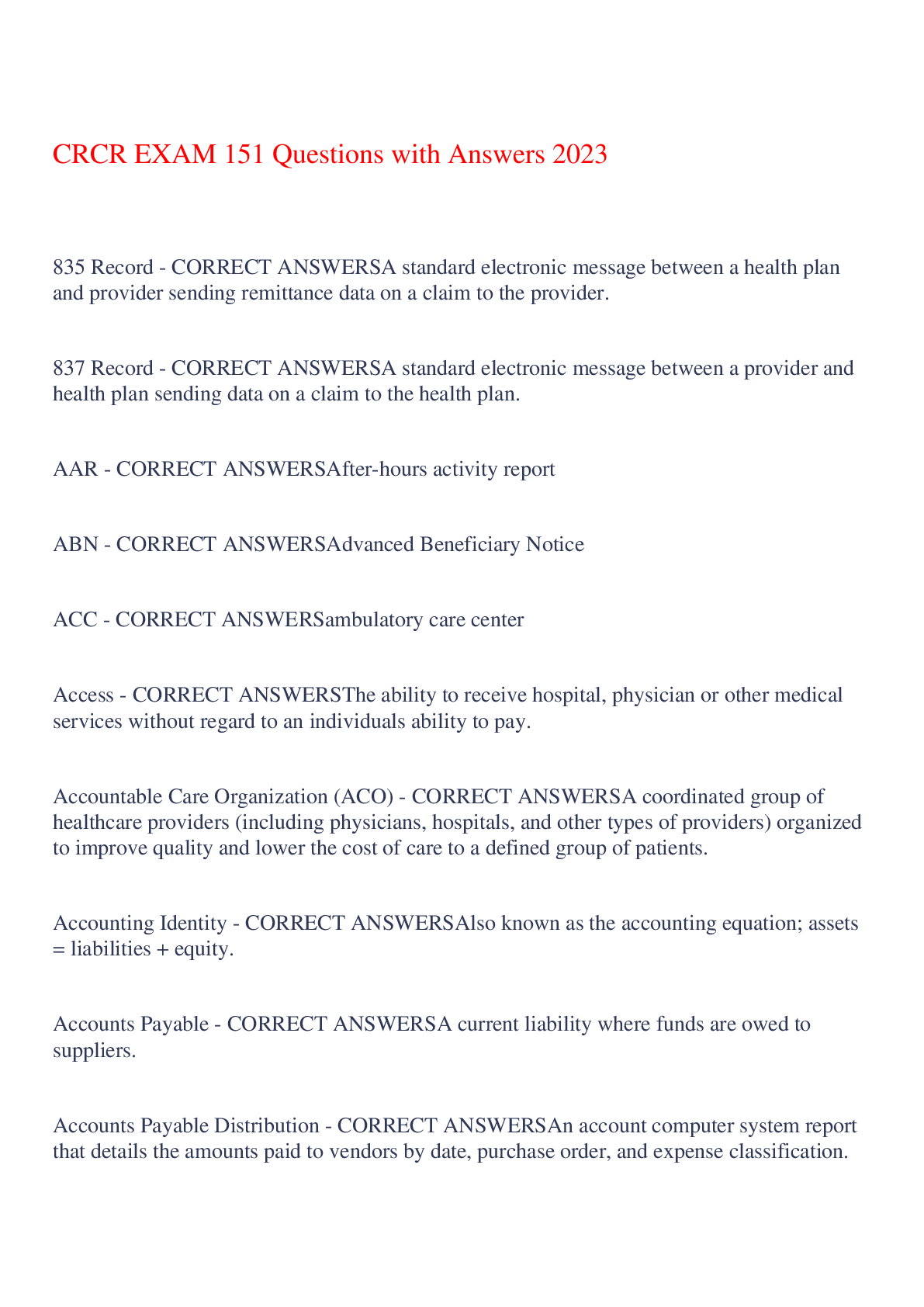 Preview of CRCR EXAM 151 Questions with Answers 2023,100% CORRECT
