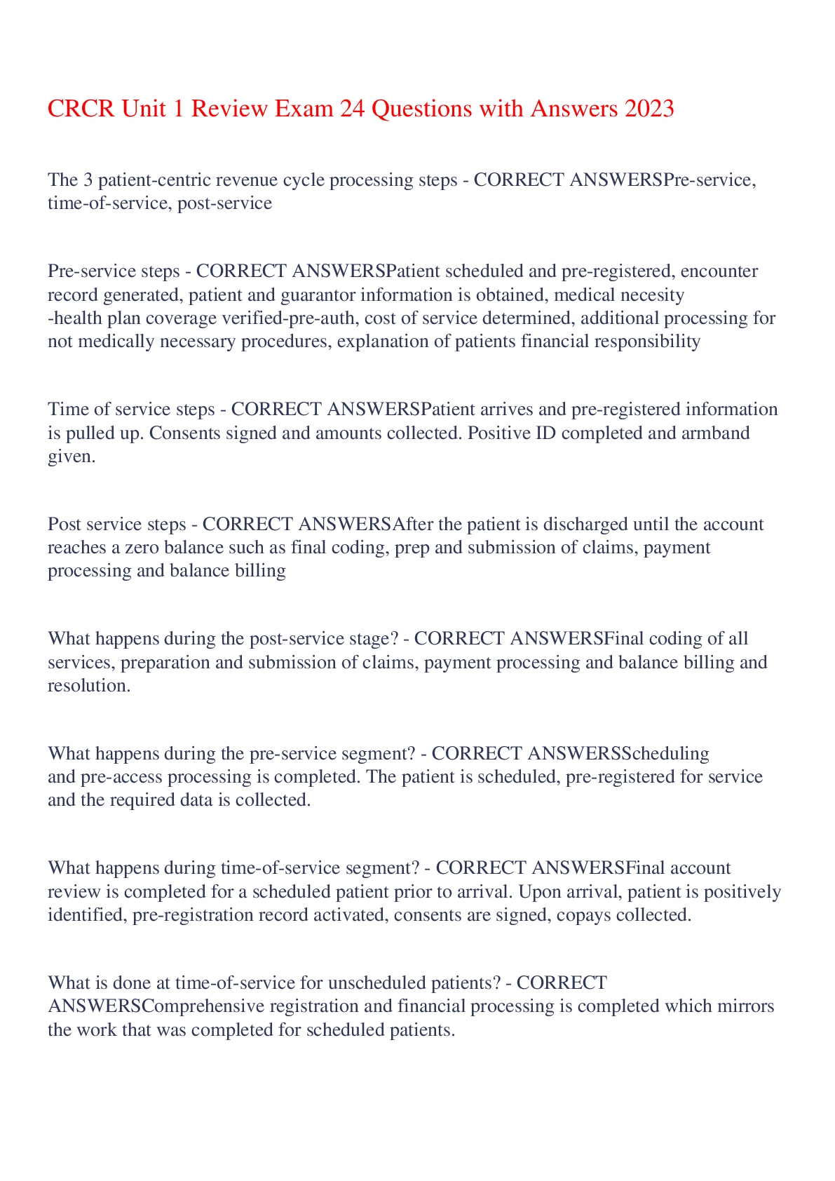Preview of CRCR Unit 1 Review Exam 24 Questions with Answers 2023,100% CORRECT