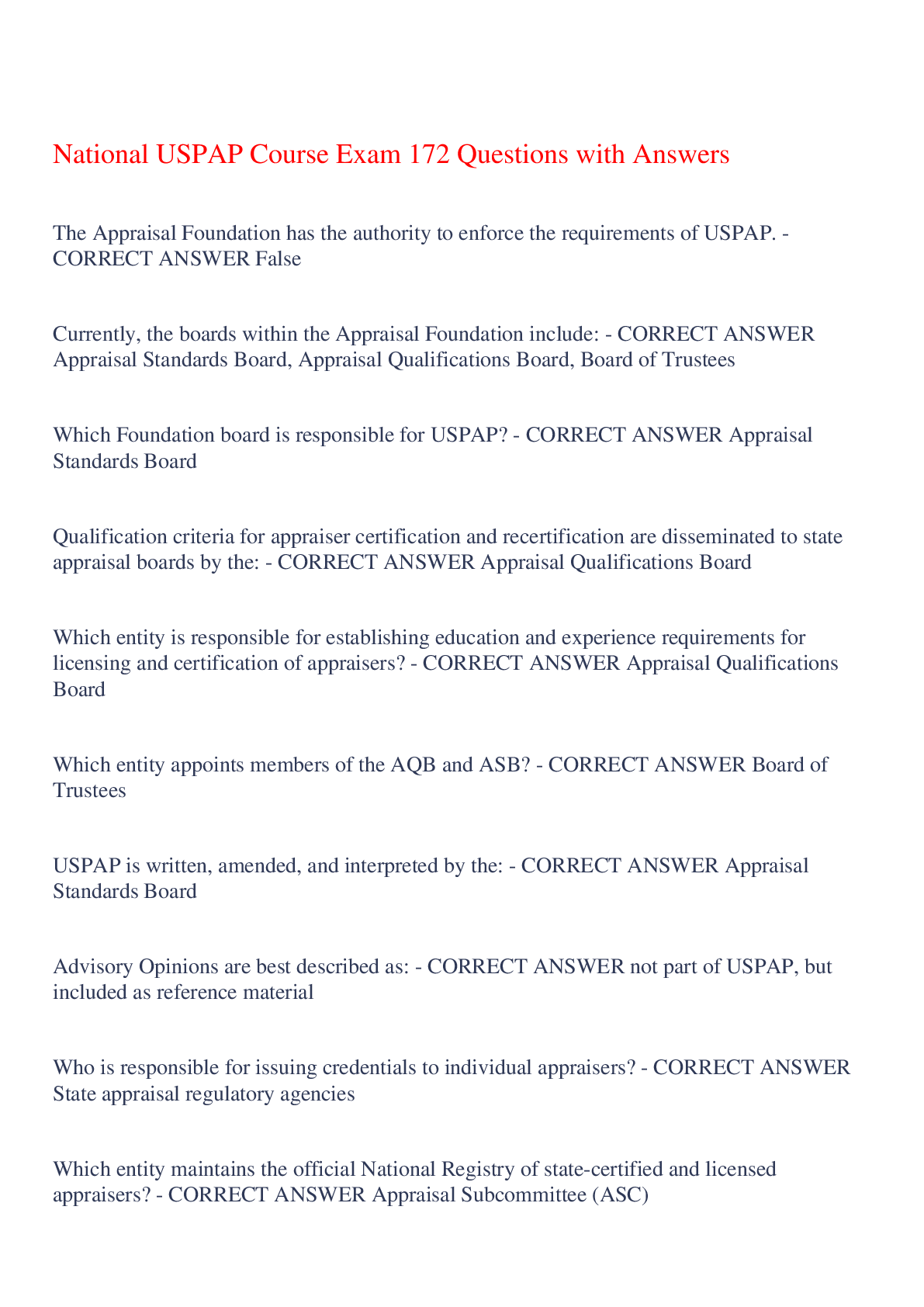 Preview of National USPAP Course Exam 172 Questions with Answers,100% CORRECT