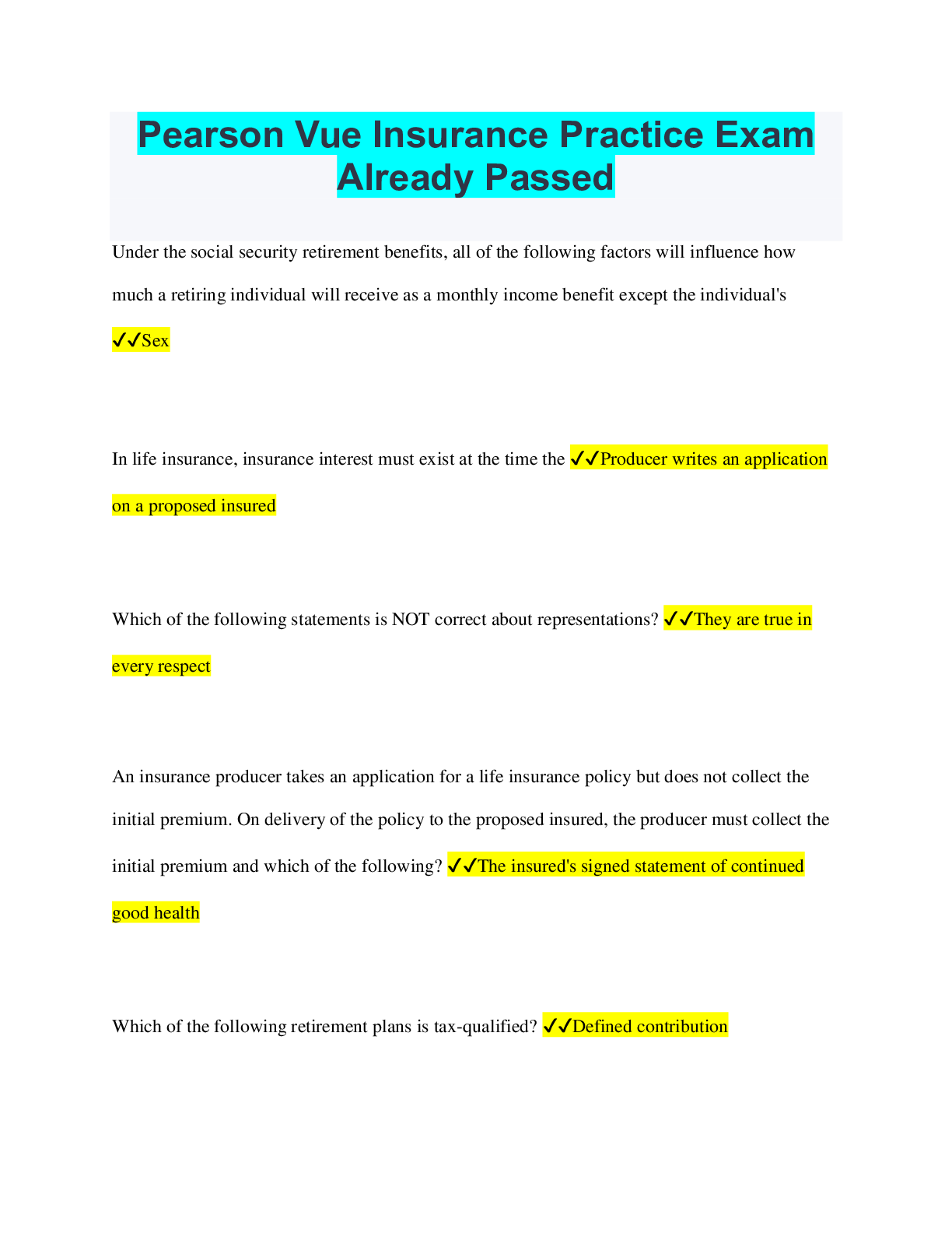 Pearson Vue Insurance Practice Exam Already Passed Browsegrades