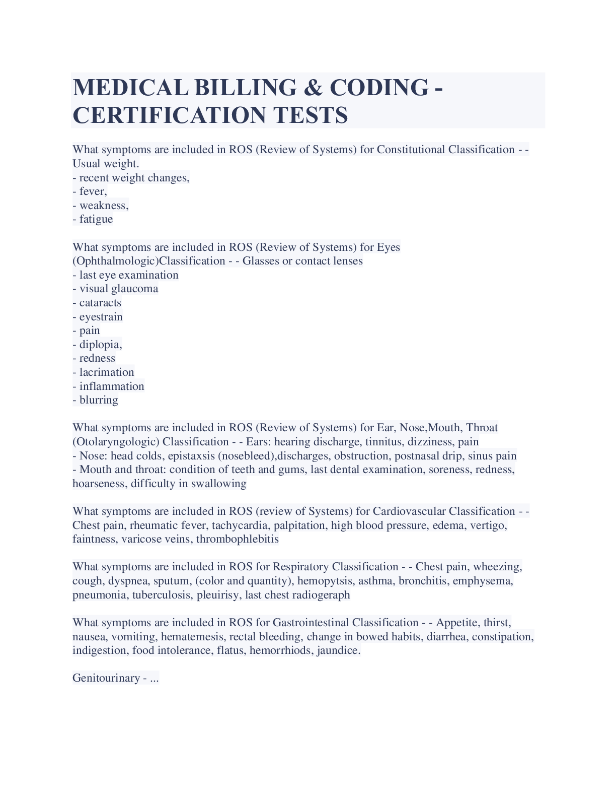 Preview image of MEDICAL BILLING & CODING - CERTIFICATION TESTS LATEST UPDATES document
