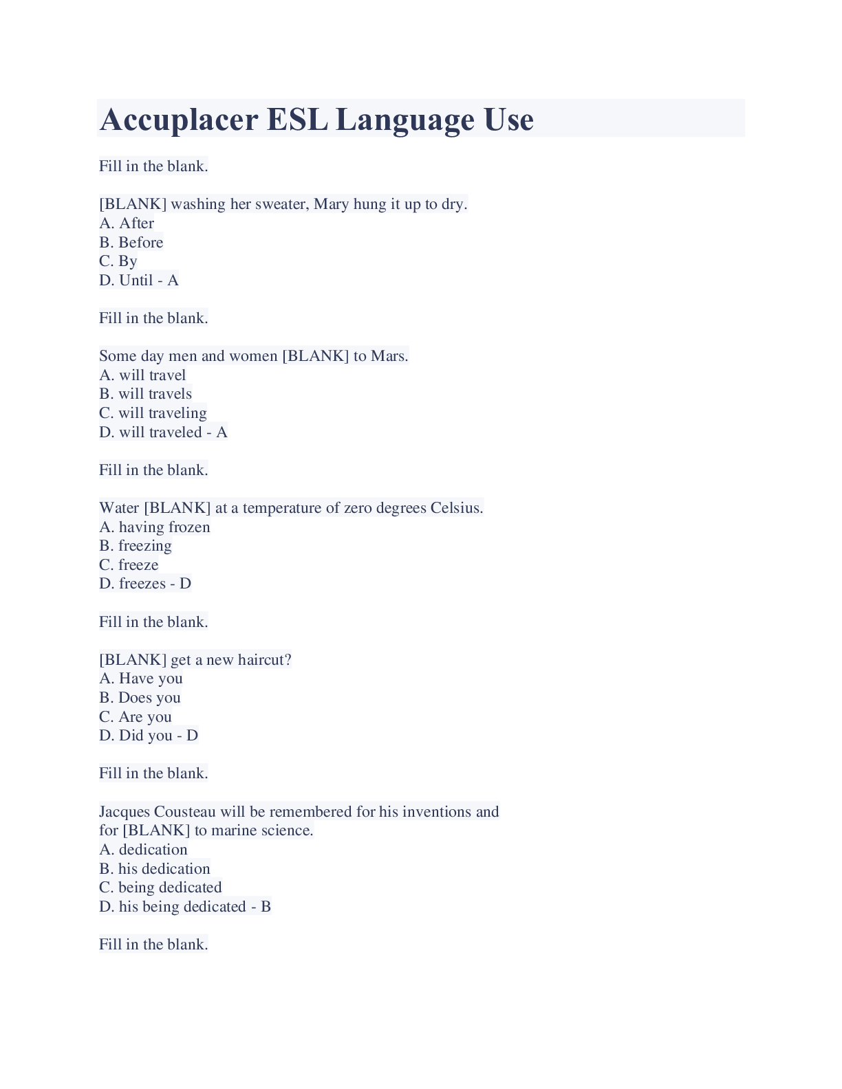 Preview image of Accuplacer ESL Language Use Latest Update document