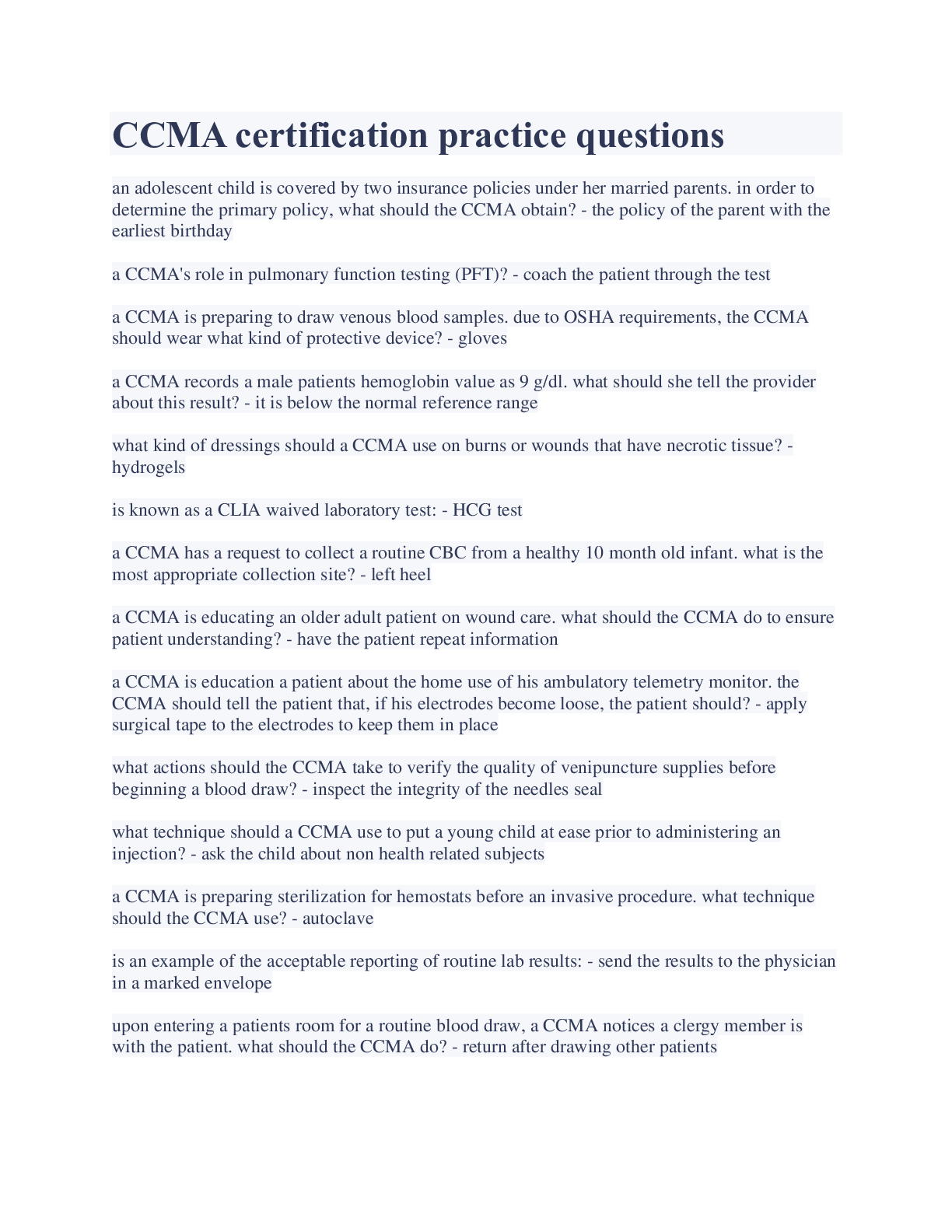 Preview image of CCMA certification practice questions and correct answers document