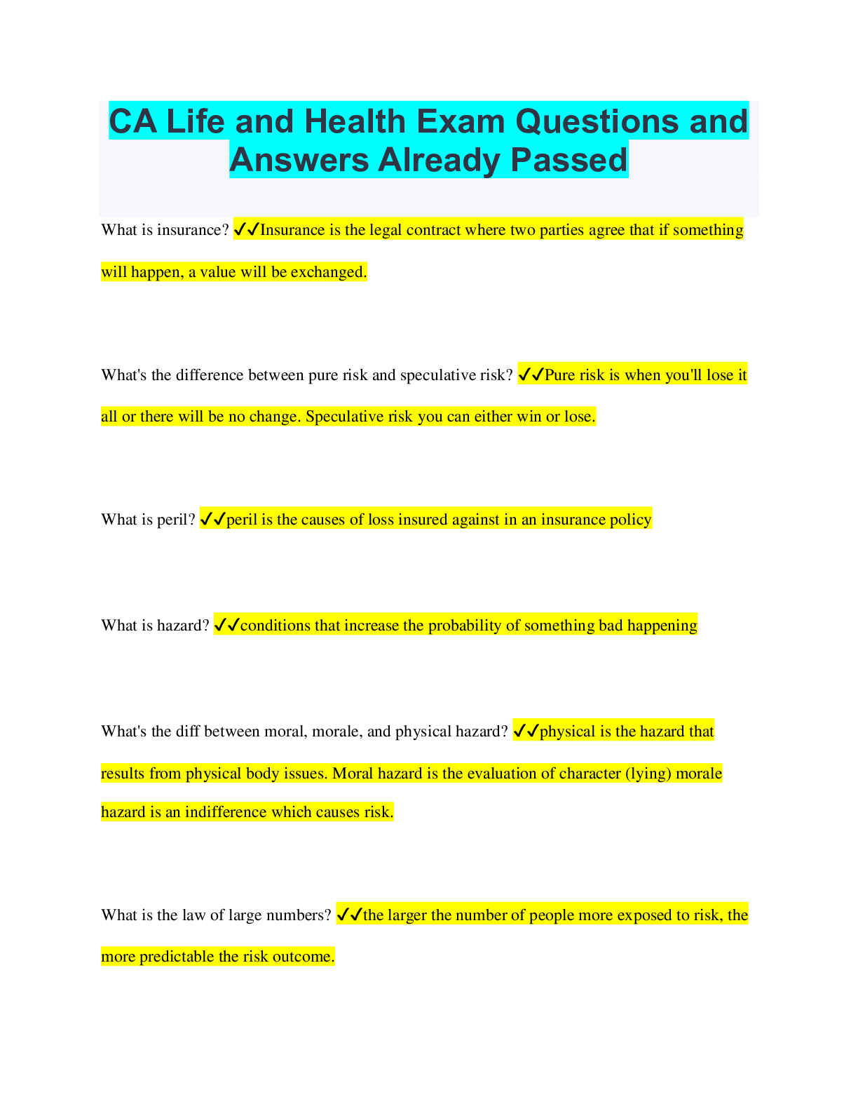Preview image for CA Life and Health Exam Questions and  Answers Already Passed