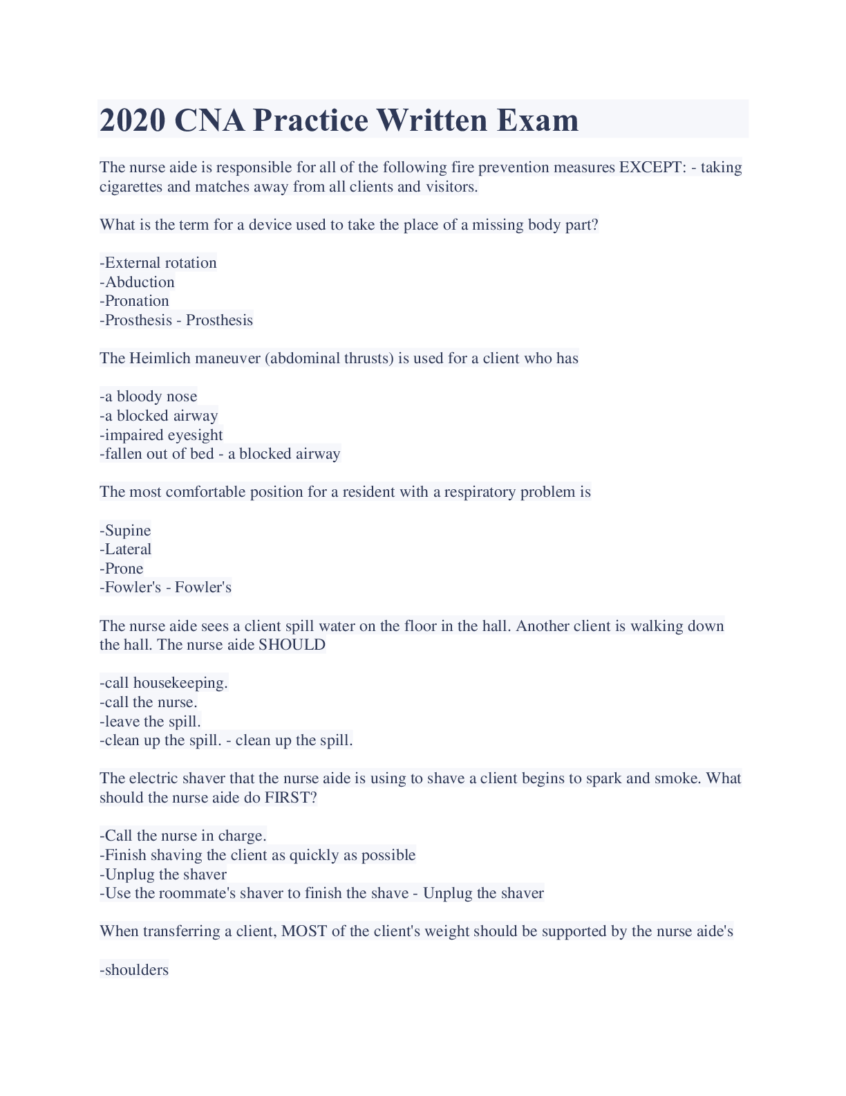 Preview image for 2020 CNA Practice Written Exam Latest Updates