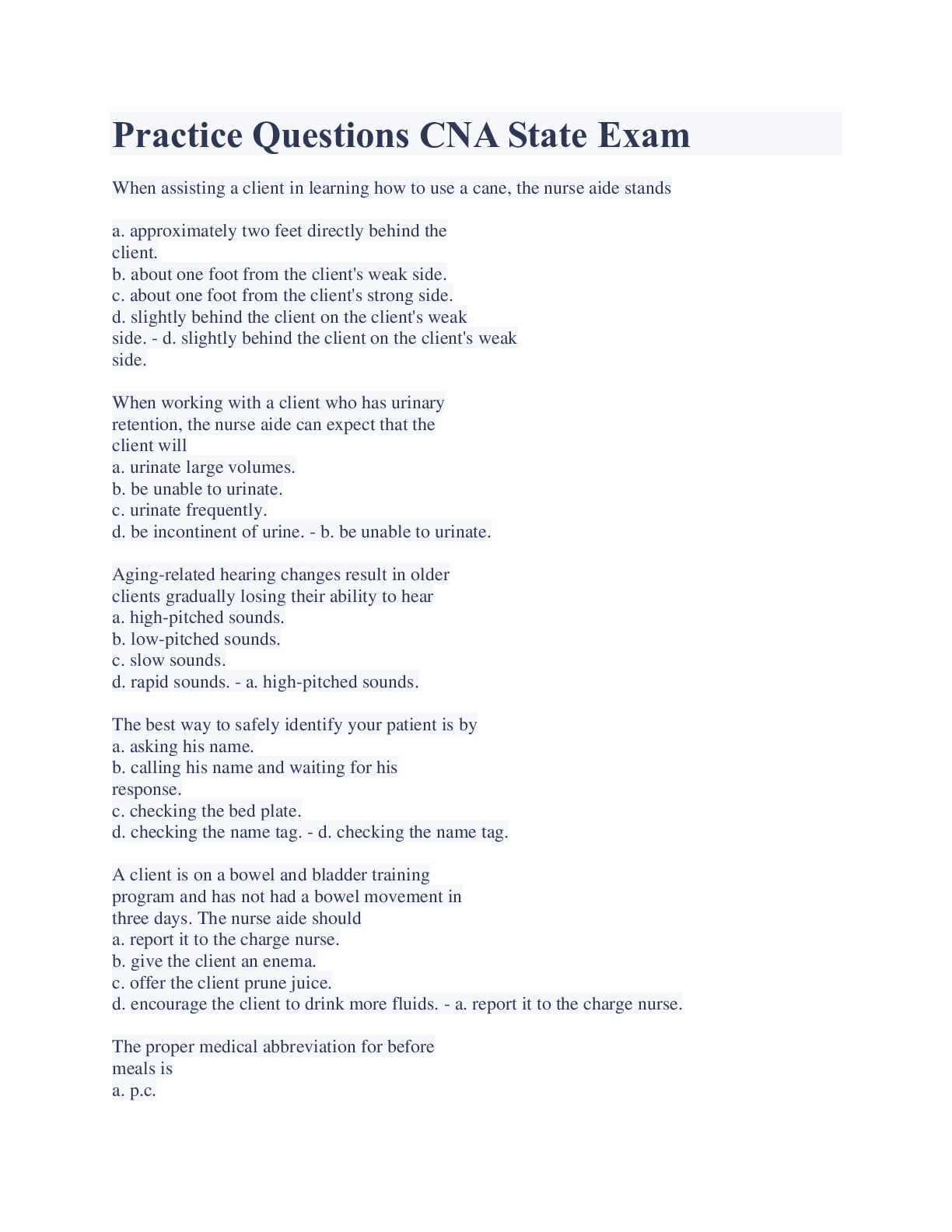 Preview image for Practice Questions CNA State Exam With Complete Solution