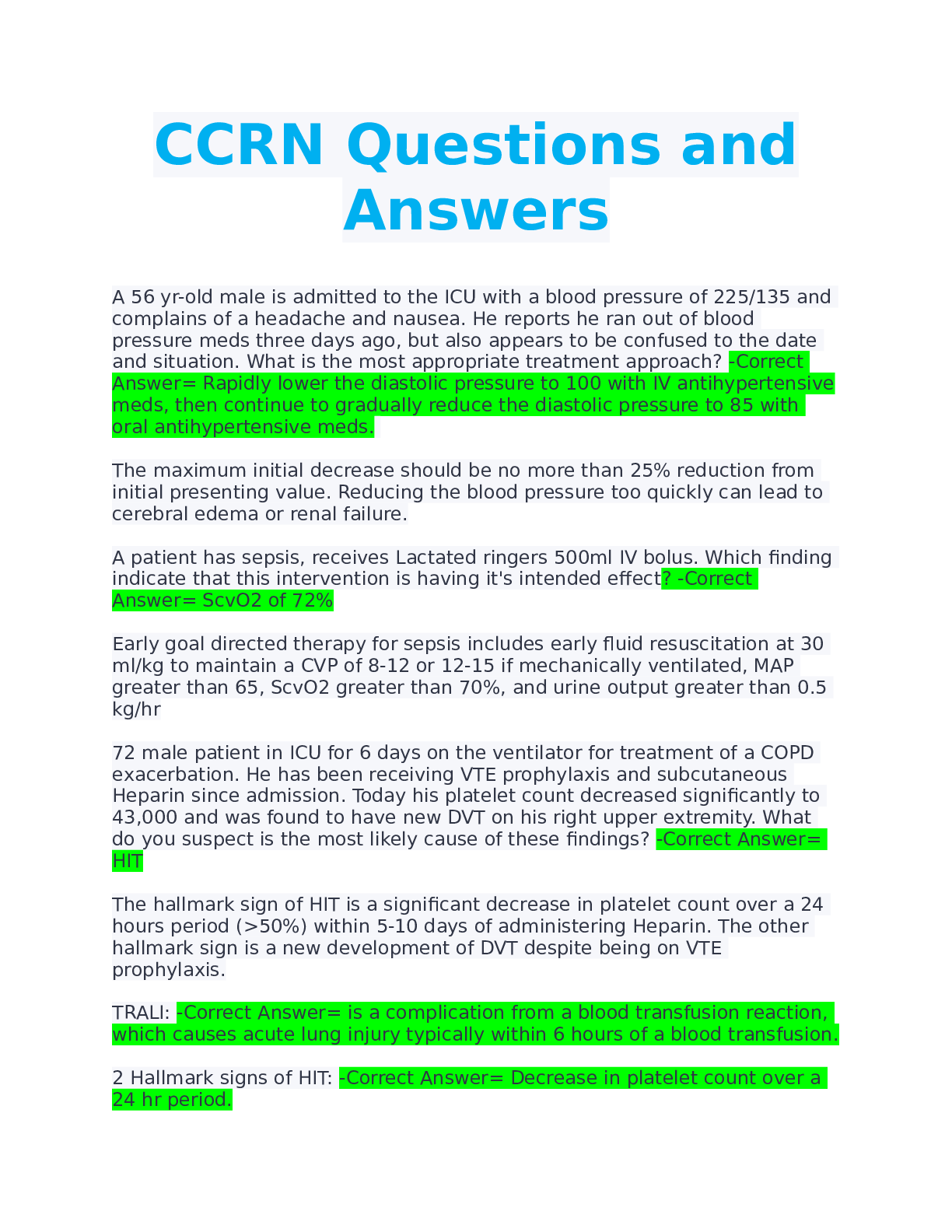 Preview image for CCRN Exam Questions and Answers Graded A+