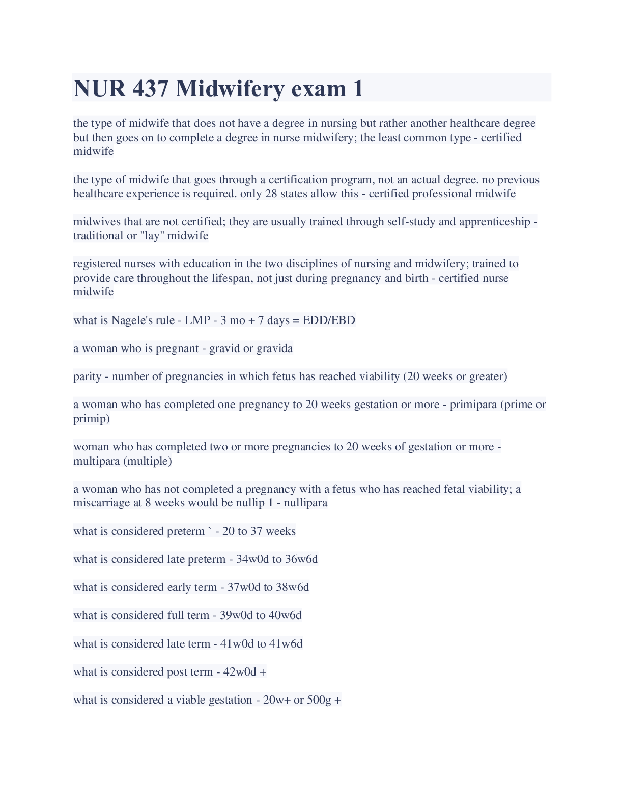 Preview image for NUR 437 Midwifery exam 1 With Complete Solution