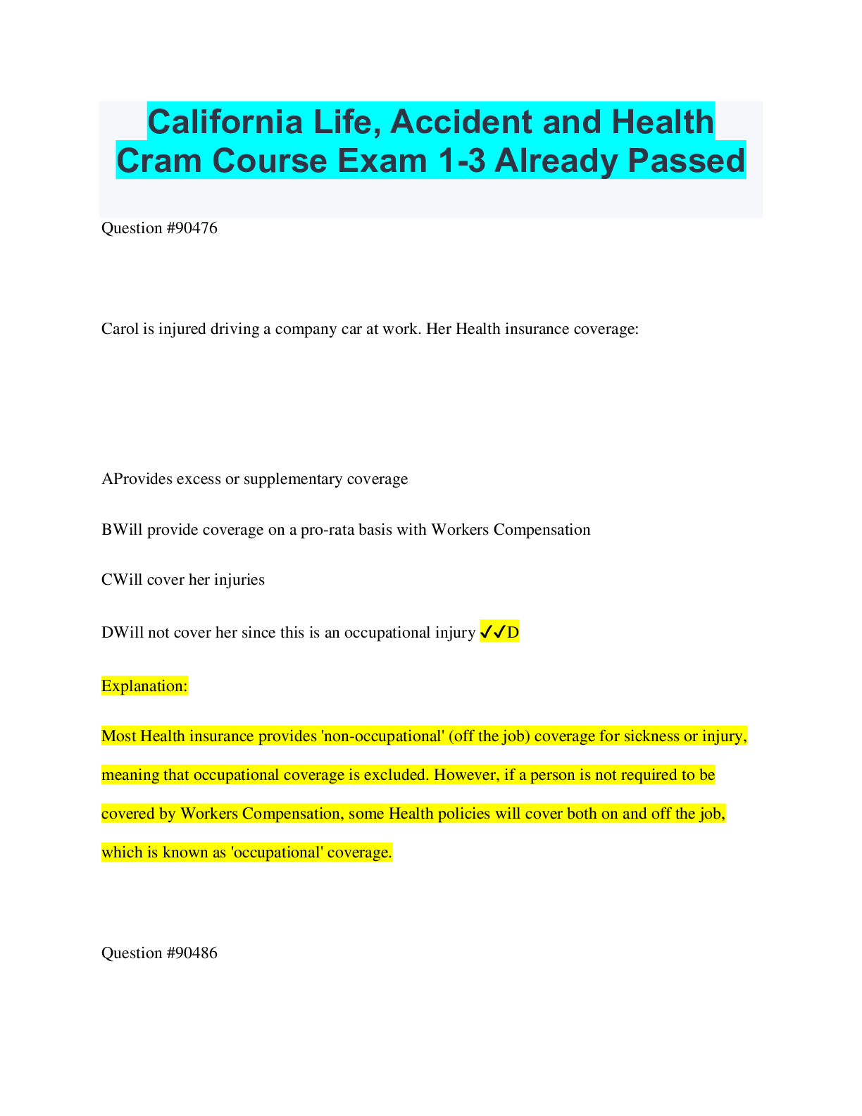 Preview image for California Life, Accident and Health  Cram Course Exam 1-3 Already Passed