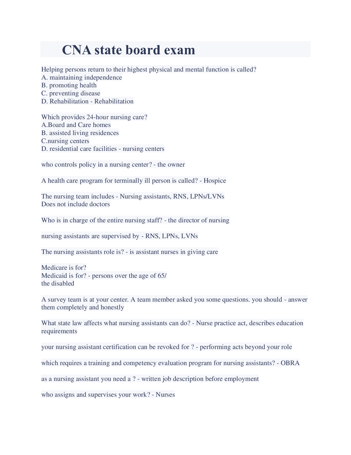 Preview image for CNA state board exam questions and answers latest