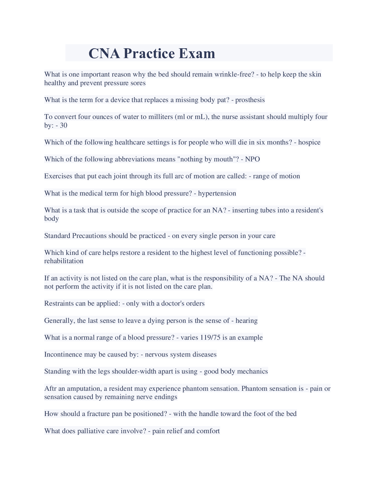 Preview image for CNA Practice Exam With verifiable Answers