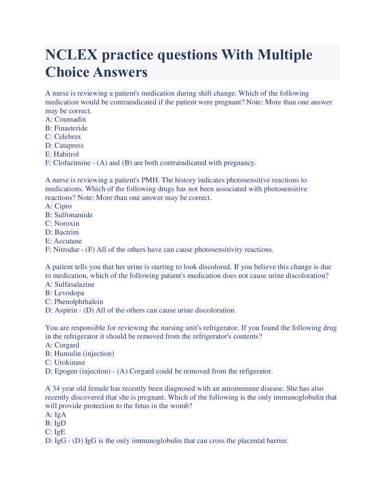 Preview image for NCLEX practice questions With Multiple Choice Answers