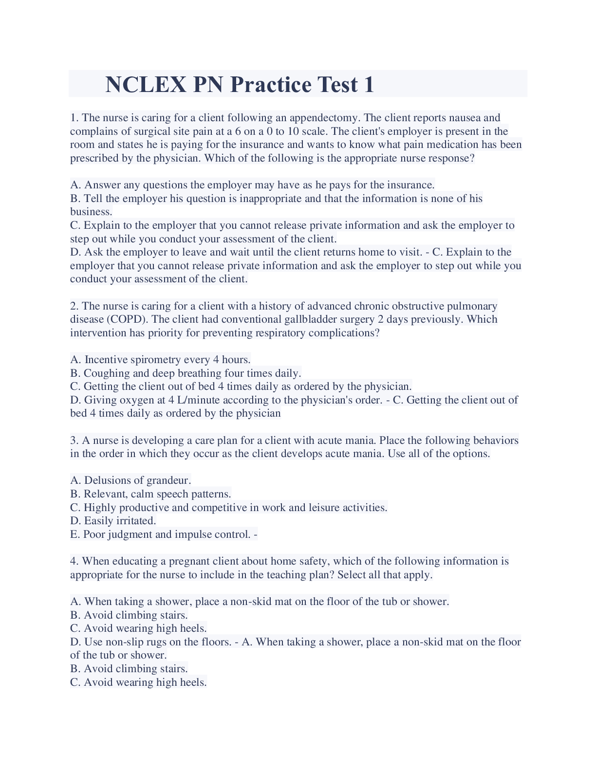 Preview image for NCLEX PN Practice Test 1 With Complete Solution