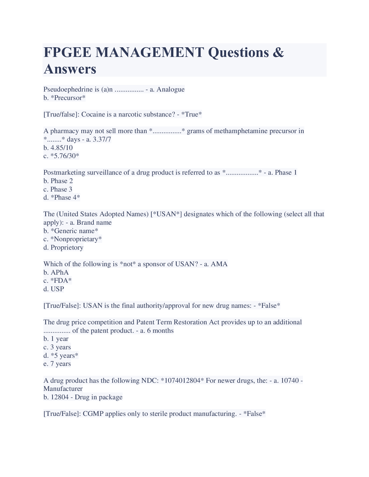 Preview image for FPGEE MANAGEMENT Questions & Answers Latest Updates