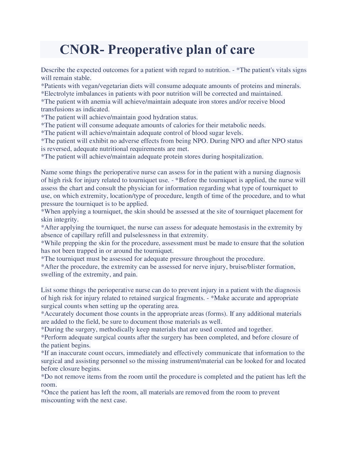 Preview image for CNOR- Preoperative plan of care Exam Latest