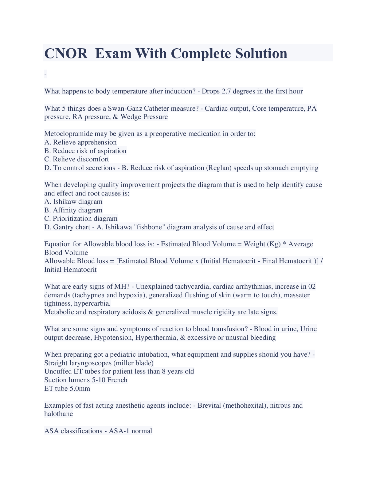 Preview image for CNOR  Exam With Complete Solution