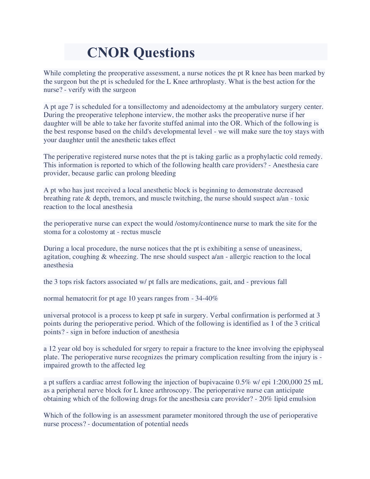 Preview image for CNOR Questions And Answers Graded A+