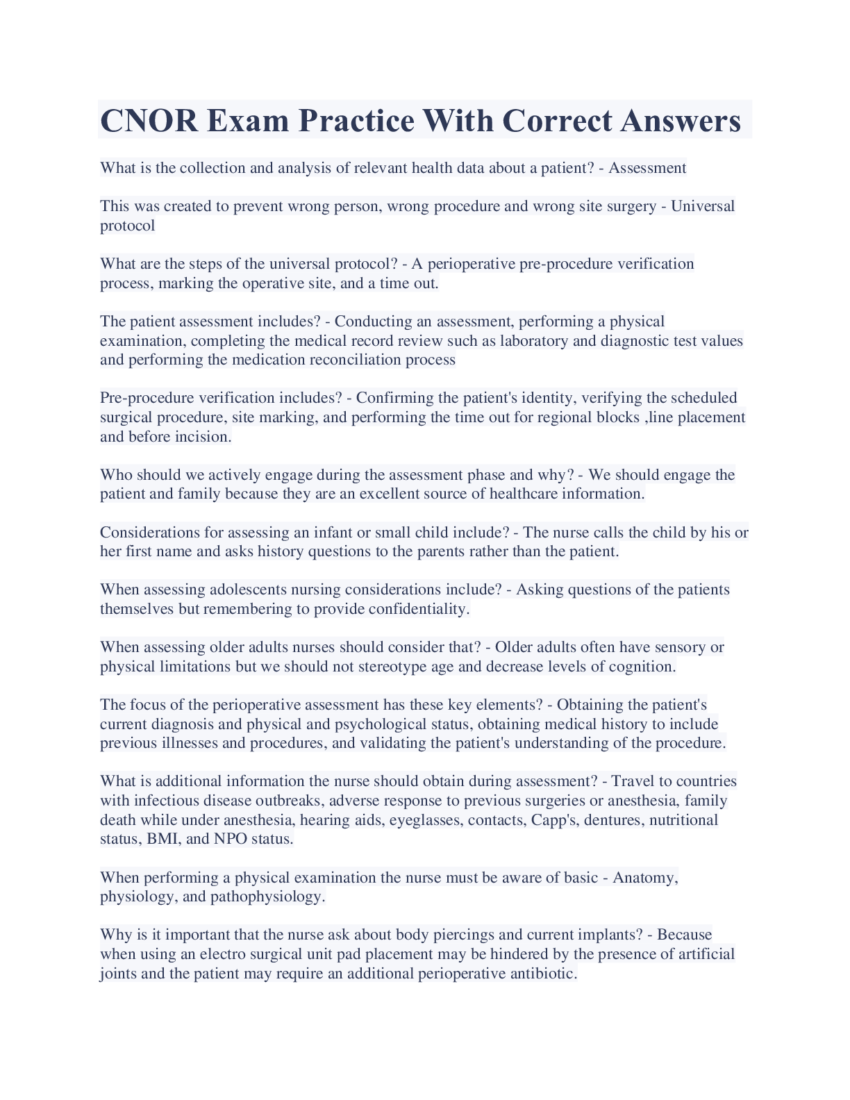 Preview image for CNOR Exam Practice With Correct Answers