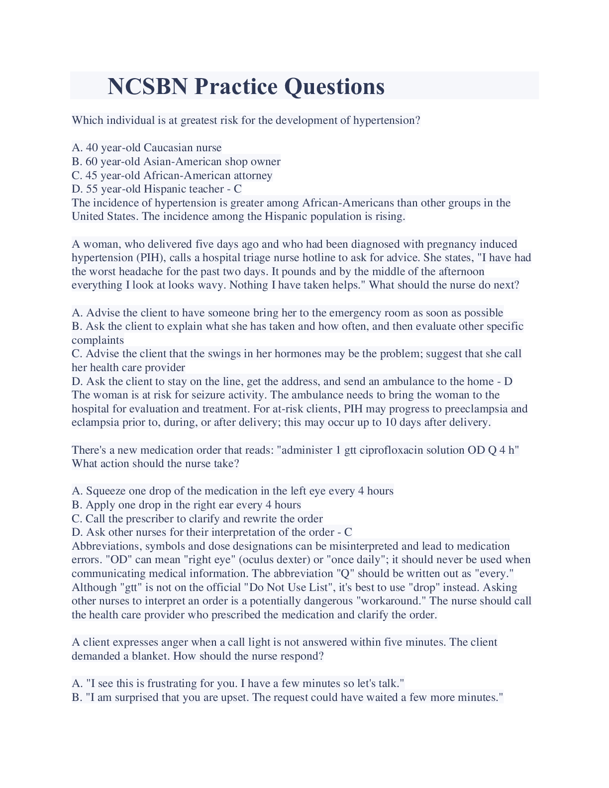 Preview image for NCSBN Practice Questions  And Answers Latest Updates