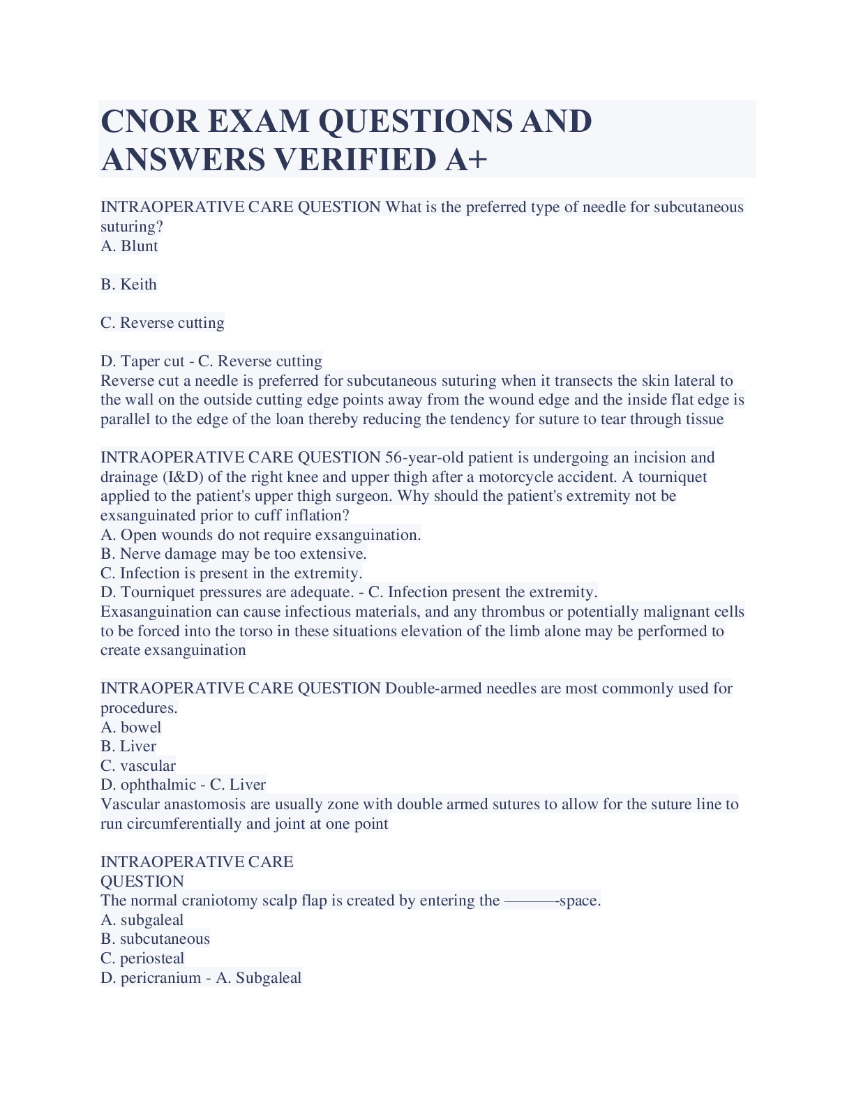 Preview image for CNOR EXAM QUESTIONS AND ANSWERS VERIFIED A+