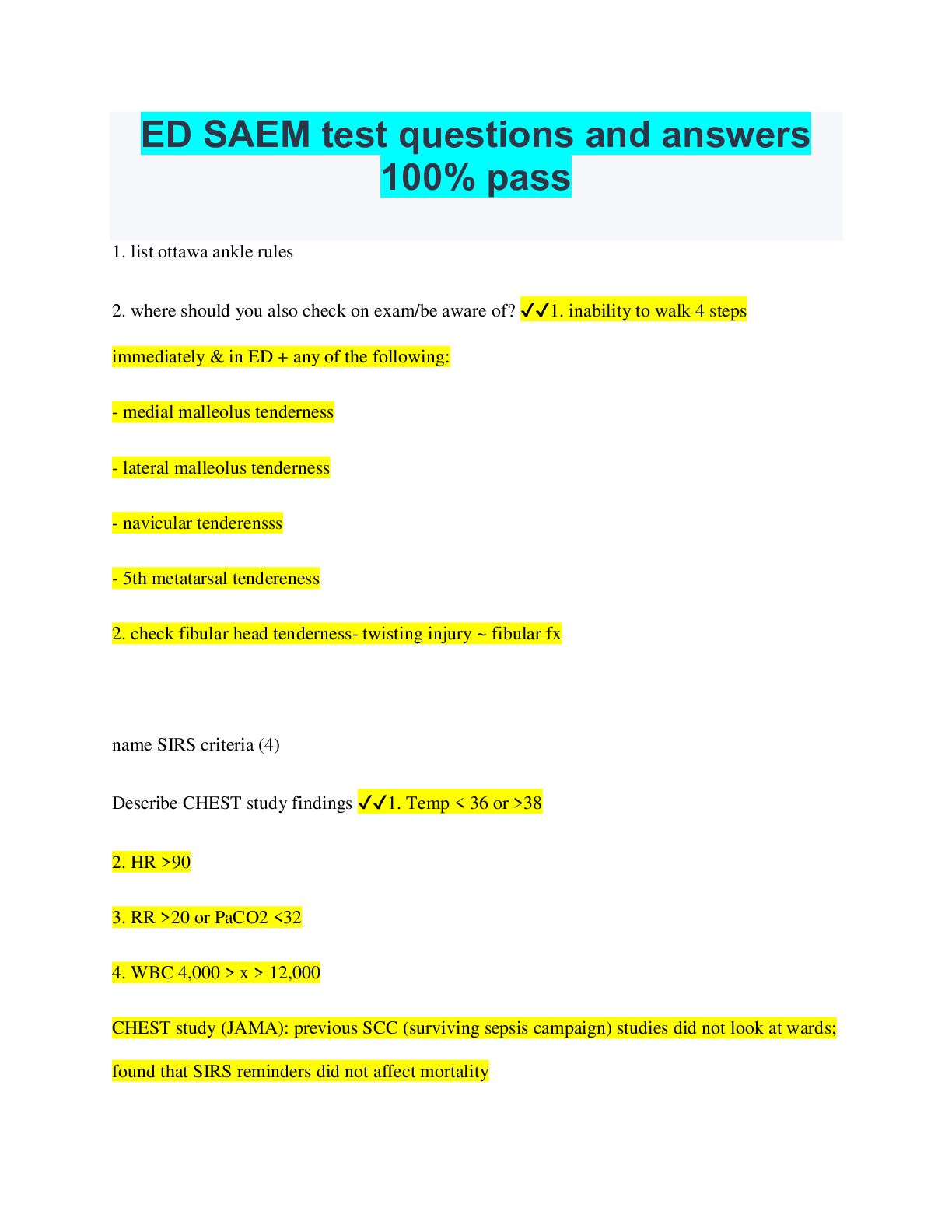 Preview image for ED SAEM test questions and answers 100% pass