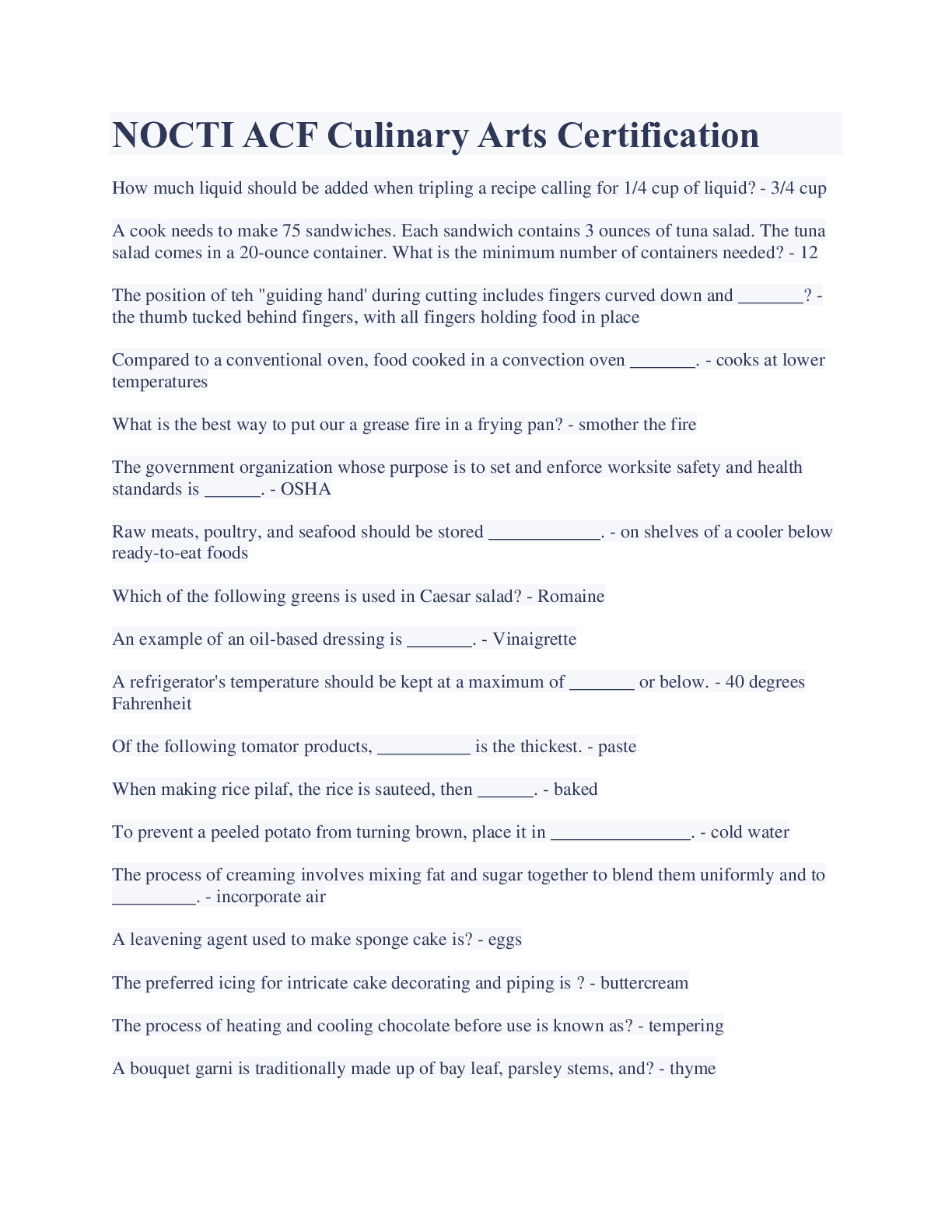 Preview image for NOCTI ACF Culinary Arts Certification Exam Q&A