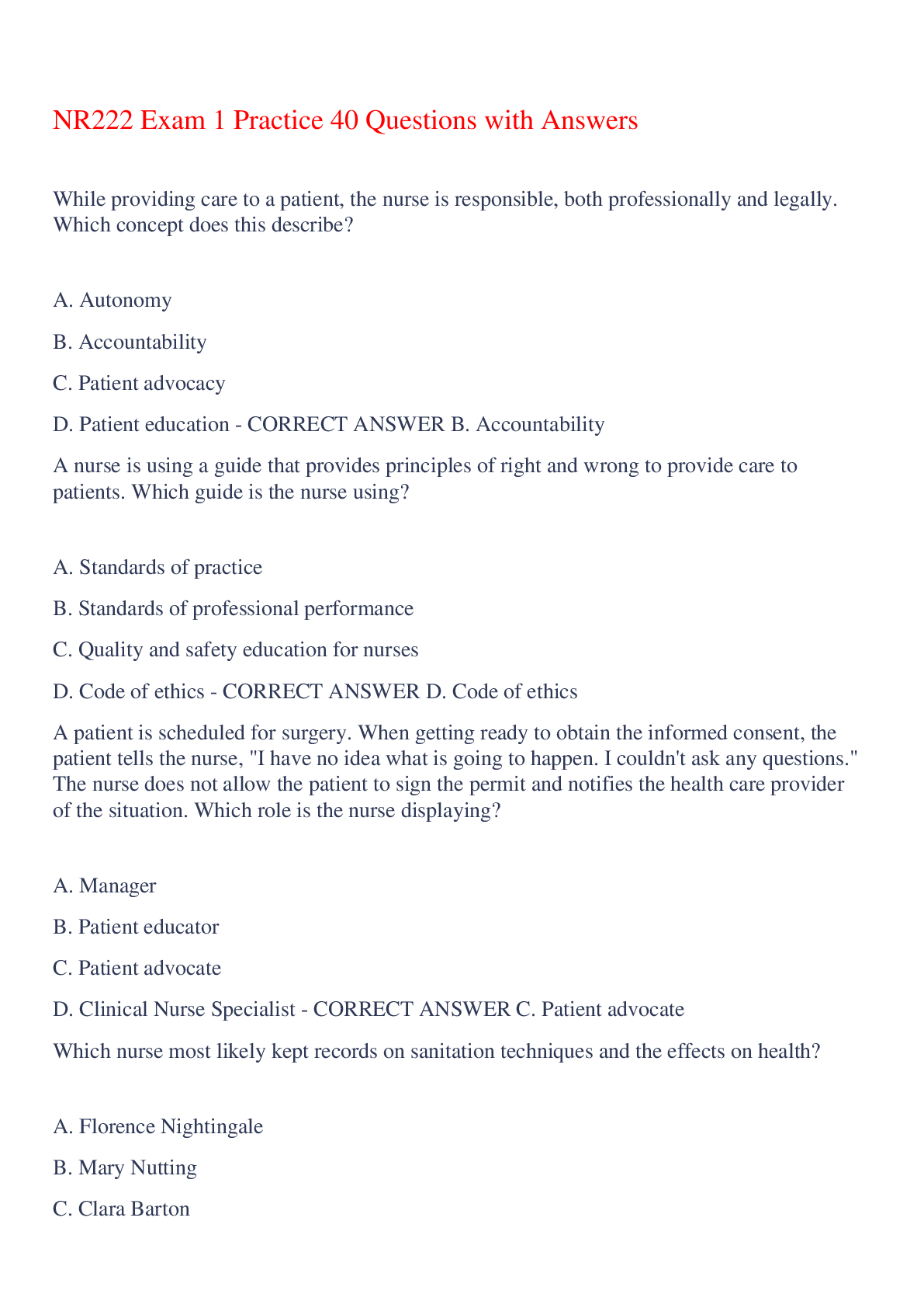 Preview image for NR222 Exam 1 Practice 40 Questions with Answers,100% CORRECT