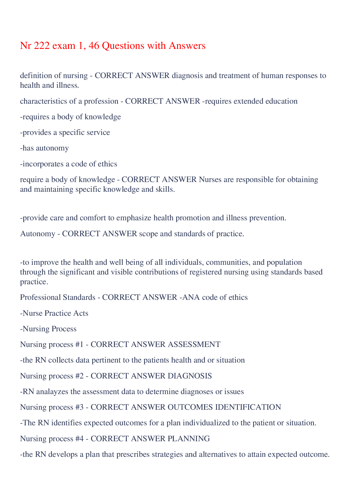 Preview image for Nr 222 exam 1, 46 Questions with Answers,100% CORRECT