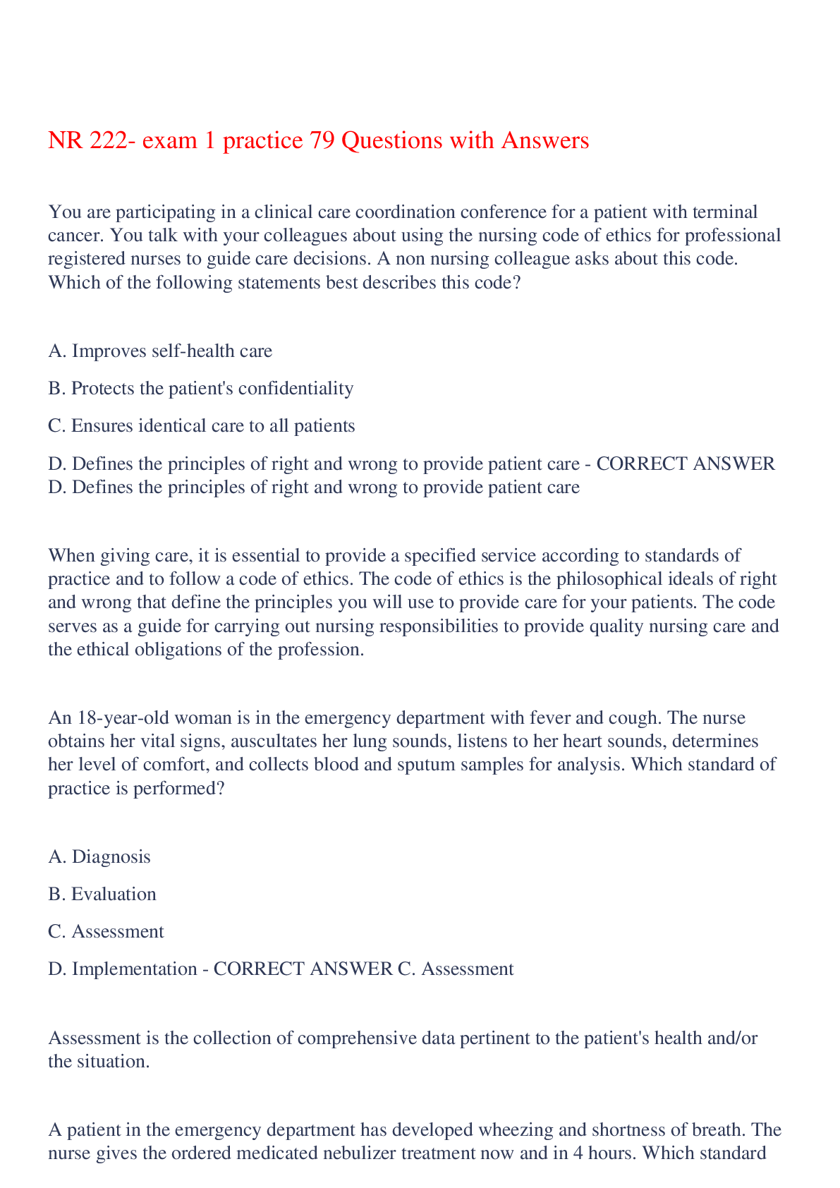 Preview of NR 222- exam 1 practice 79 Questions with Answers,100% CORRECT