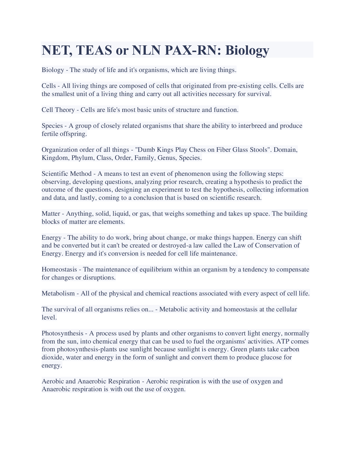 Preview image for NET, TEAS or NLN PAX-RN: Biology Exam 2023