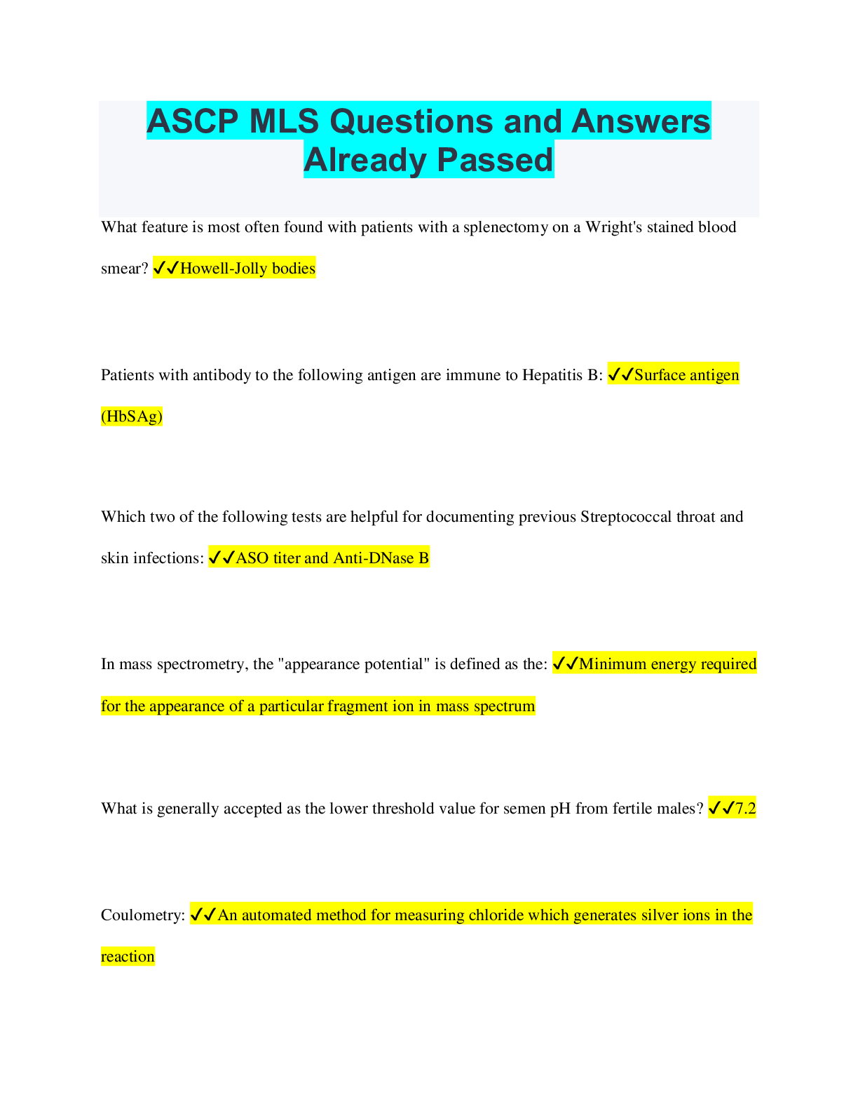 Preview image for ASCP MLS Questions and Answers Already Passed