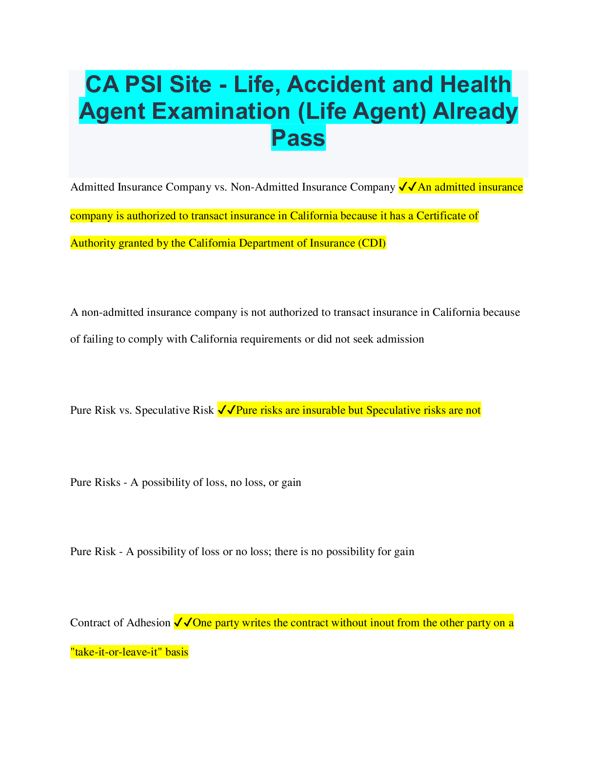 Preview image for CA PSI Site - Life, Accident and Health  Agent Examination (Life Agent) Already  Pass