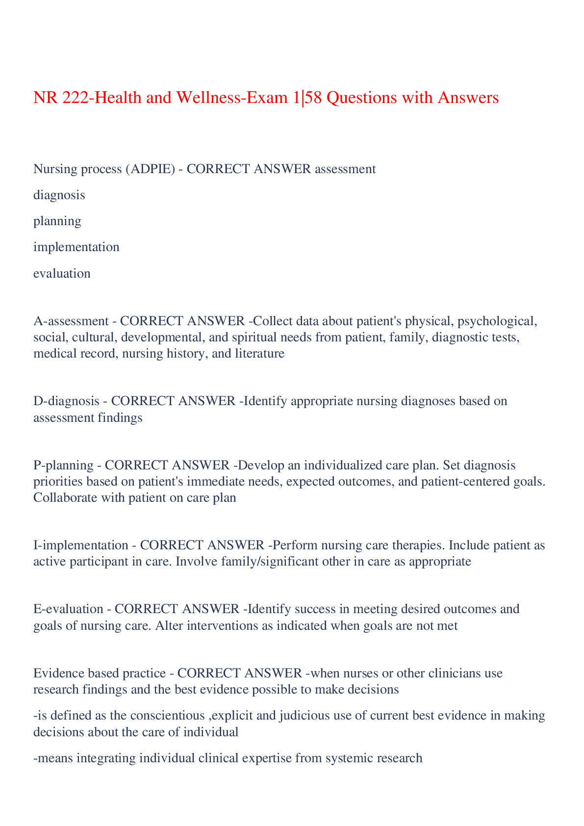 Preview image for NR 222-Health and Wellness-Exam 1|58 Questions with Answers,100% CORRECT