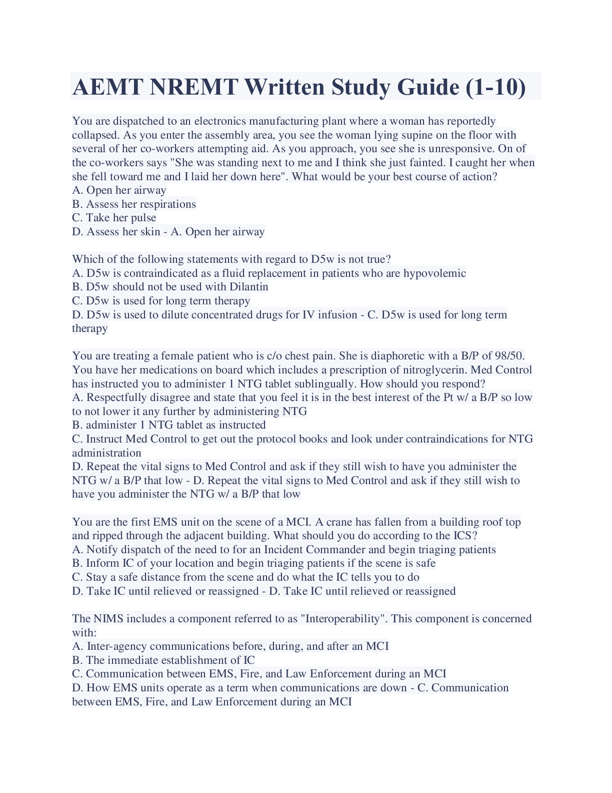 Preview image for AEMT NREMT Written Study Guide (1-10) Exam Latest